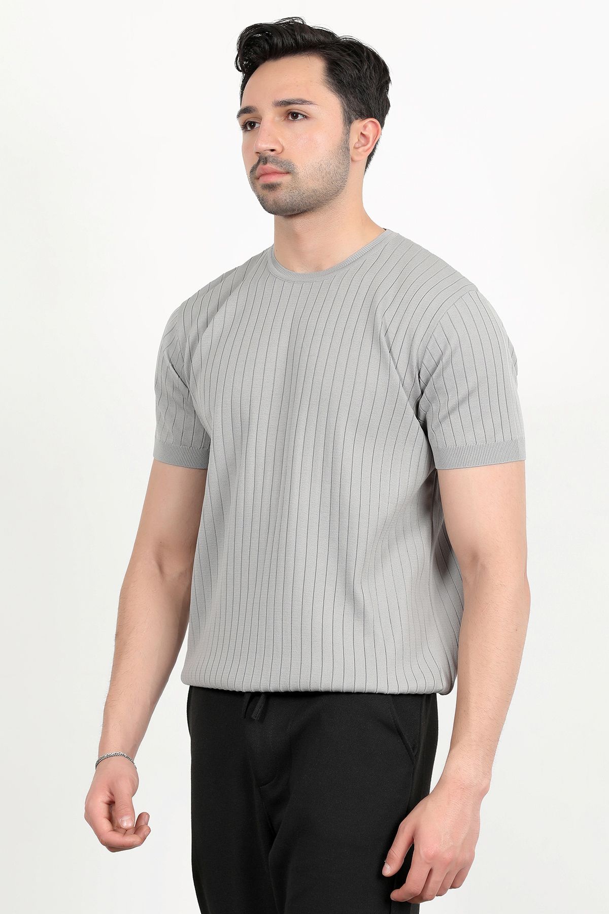 JB John Borners Erkek Bisiklet Yaka Kısa Kol Fitilli Triko T-Shirt Gri - 2502