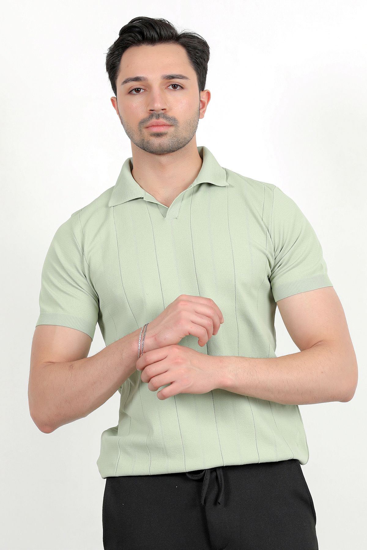 JB John Borners Erkek Polo Yaka Kısa Kol Çizgili Triko T-Shirt Açık Yeşil - 2503
