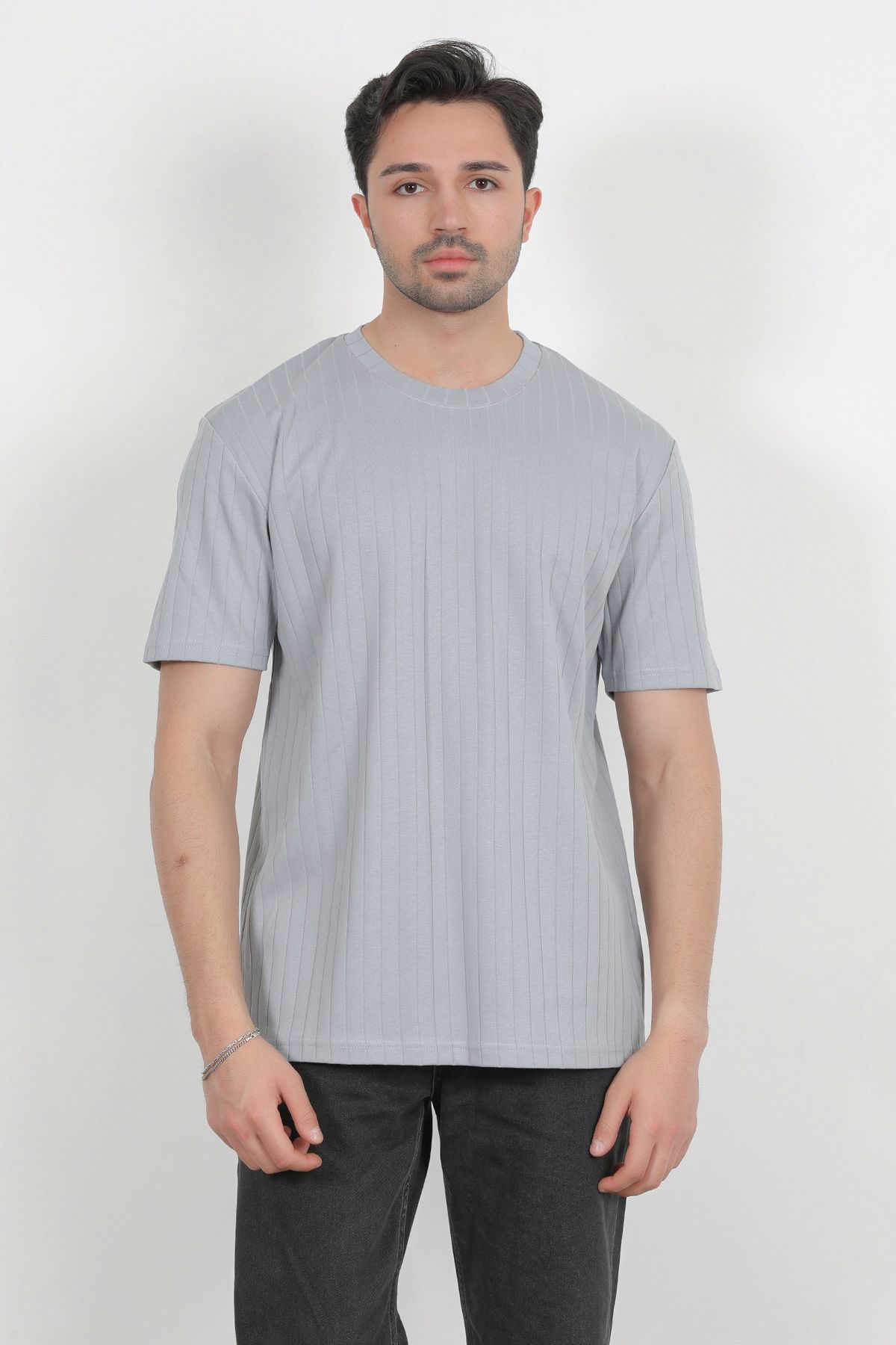 JB John Borners Erkek Bisiklet Yaka Fitilli %100 Pamuklu T-Shirt Açık Gri - 3015