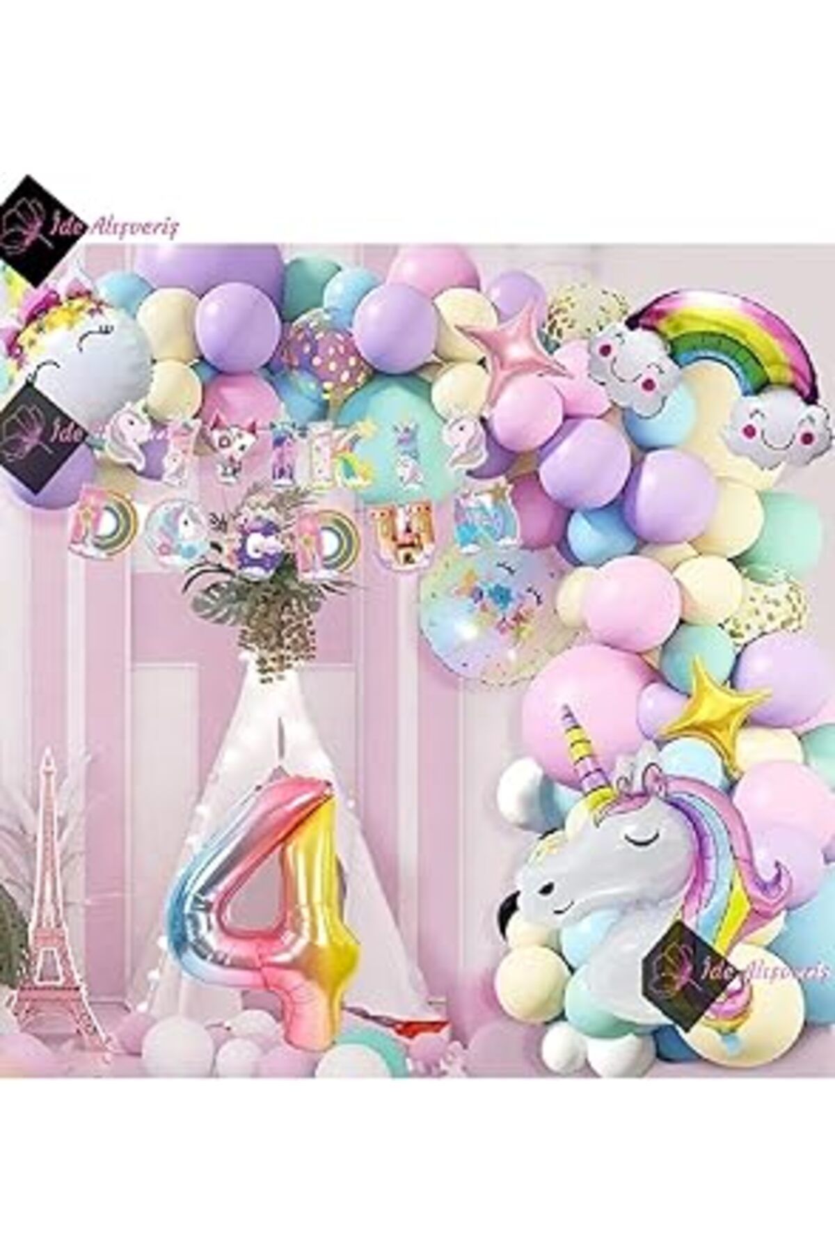 karadağsb Bkmc 4 Yaş Karakterli Unicorn Temalı Iyi Ki Doğdun Makaron Balon Doğum Günü Parti Kutlama Seti Bmcn