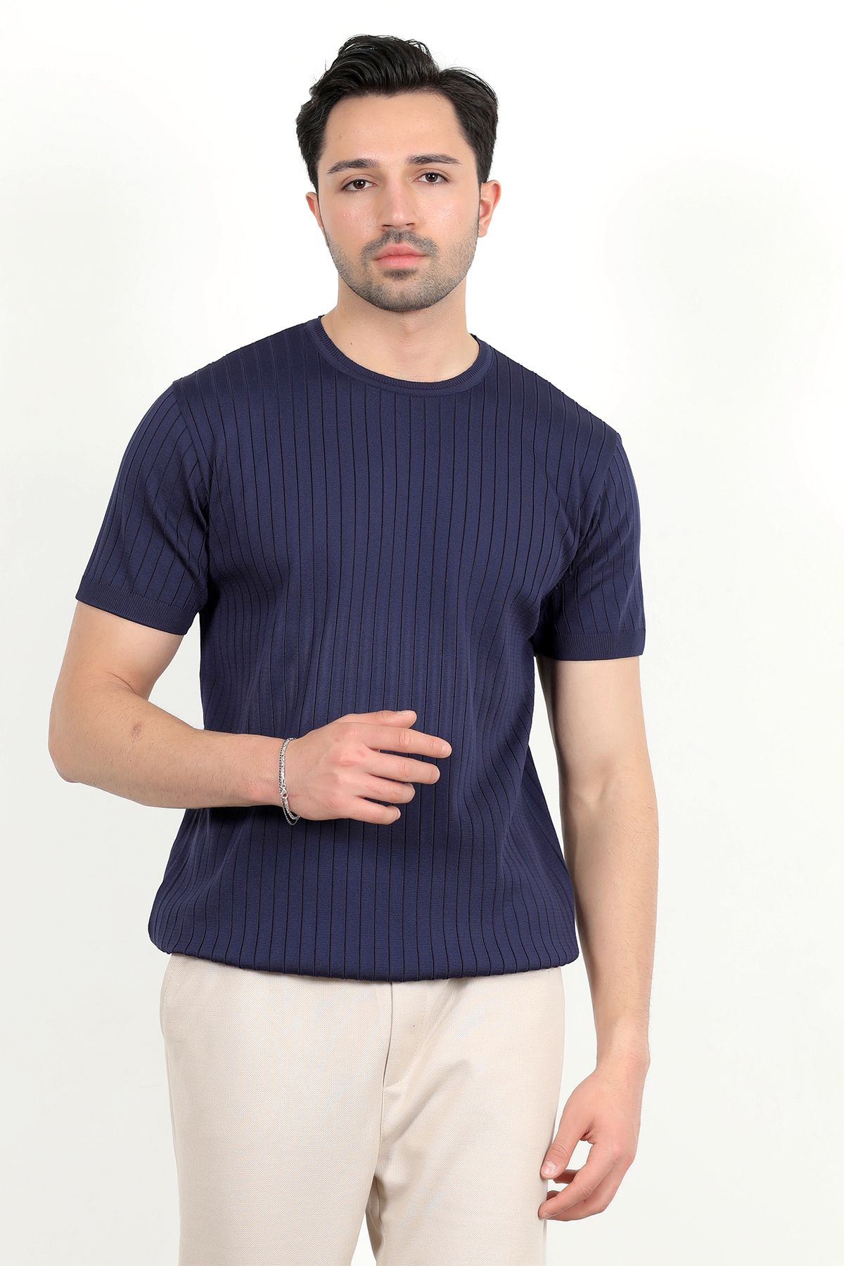JB John Borners Erkek Bisiklet Yaka Kısa Kol Fitilli Triko T-Shirt Lacivert - 2502