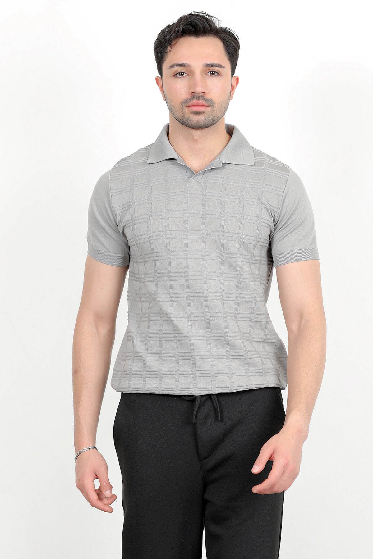 JB John Borners Erkek Polo Yaka Kısa Kol Dokulu Triko T-Shirt Gri - 2504