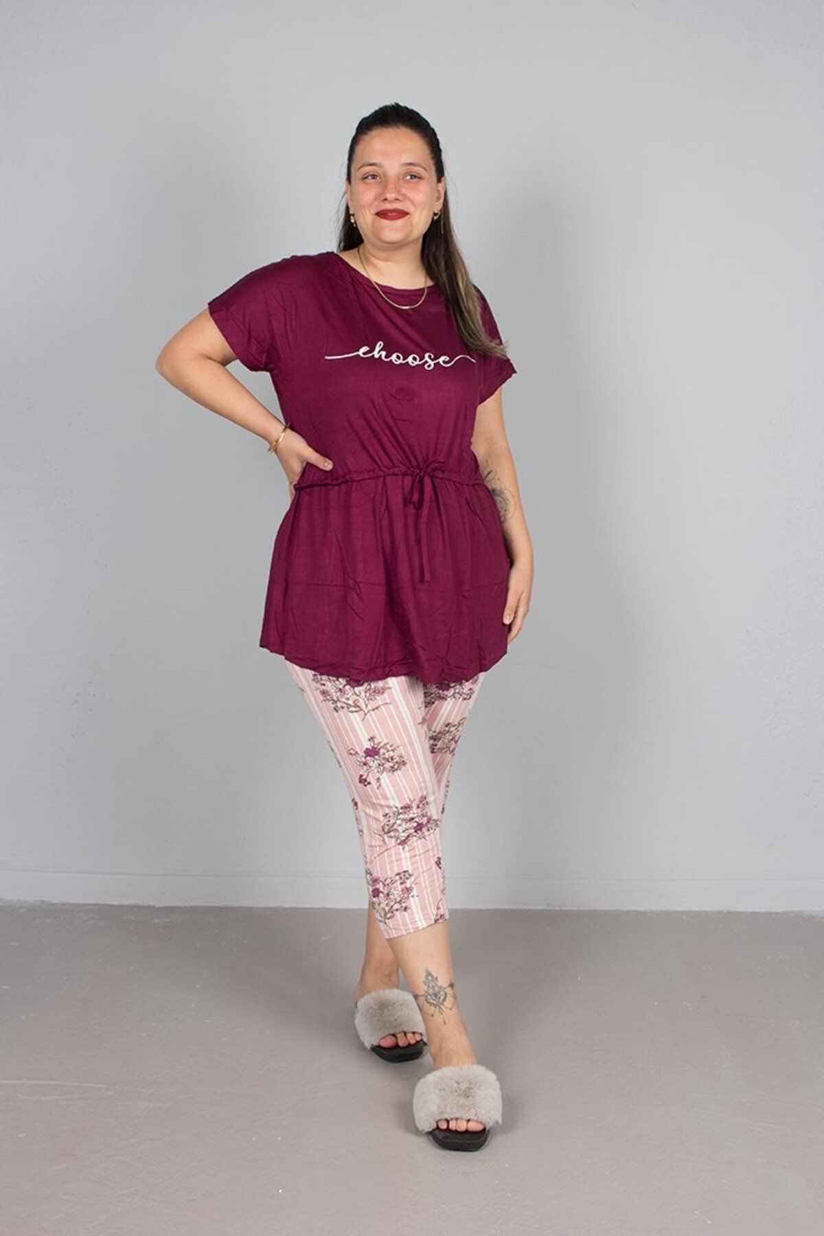 Truva XXL Büyük beden Kapri üst Belden Büzgülü Pijama Takım