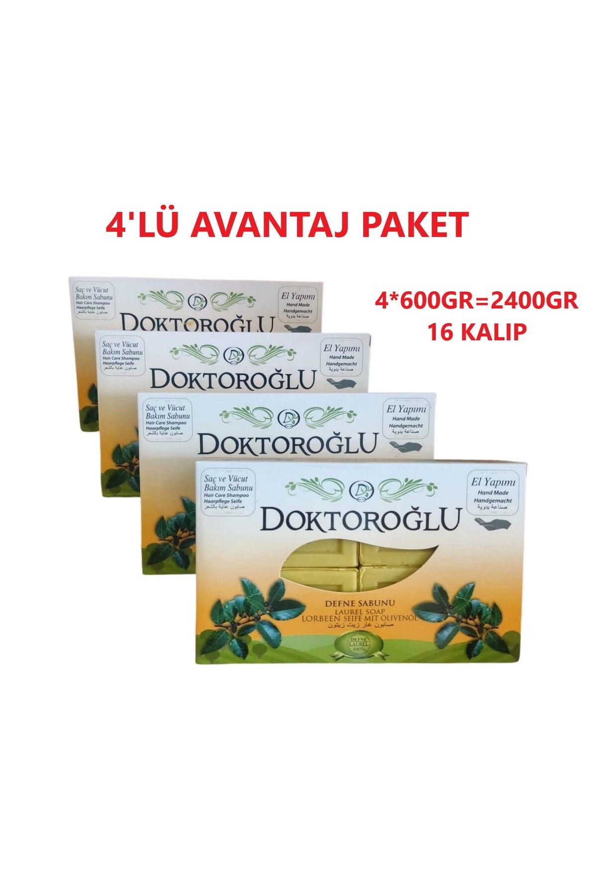 DOKTOROĞLU DEFNE ÖZLÜ SABUN EL YAPIMI 600 GR 4 Lİ TOPLAM 2400