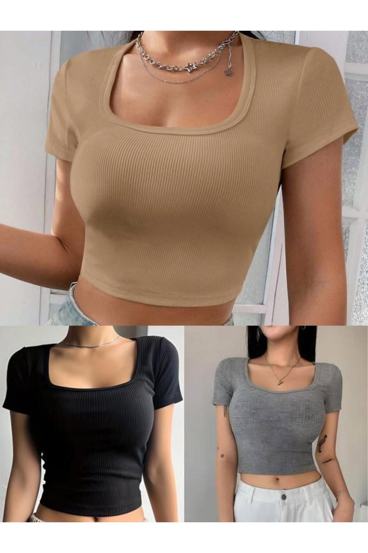 ÖZ PAMUK Kadın 3 Lü Adet Siyah Fitilli Pamuklu Örme Kare Yaka Crop T-shirt BLUZ