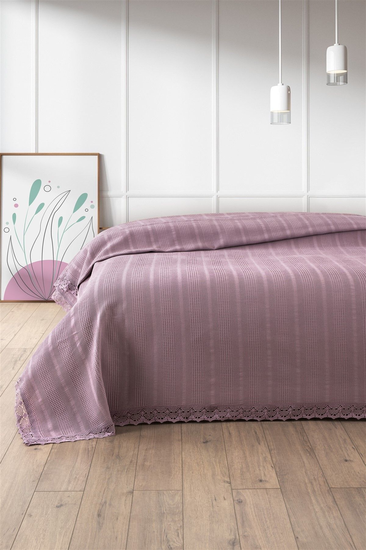 Sevim %100 Pamuk Çift Kişilik Kopanaki Dantelli Waffle Pike 210x230 cm-Lila