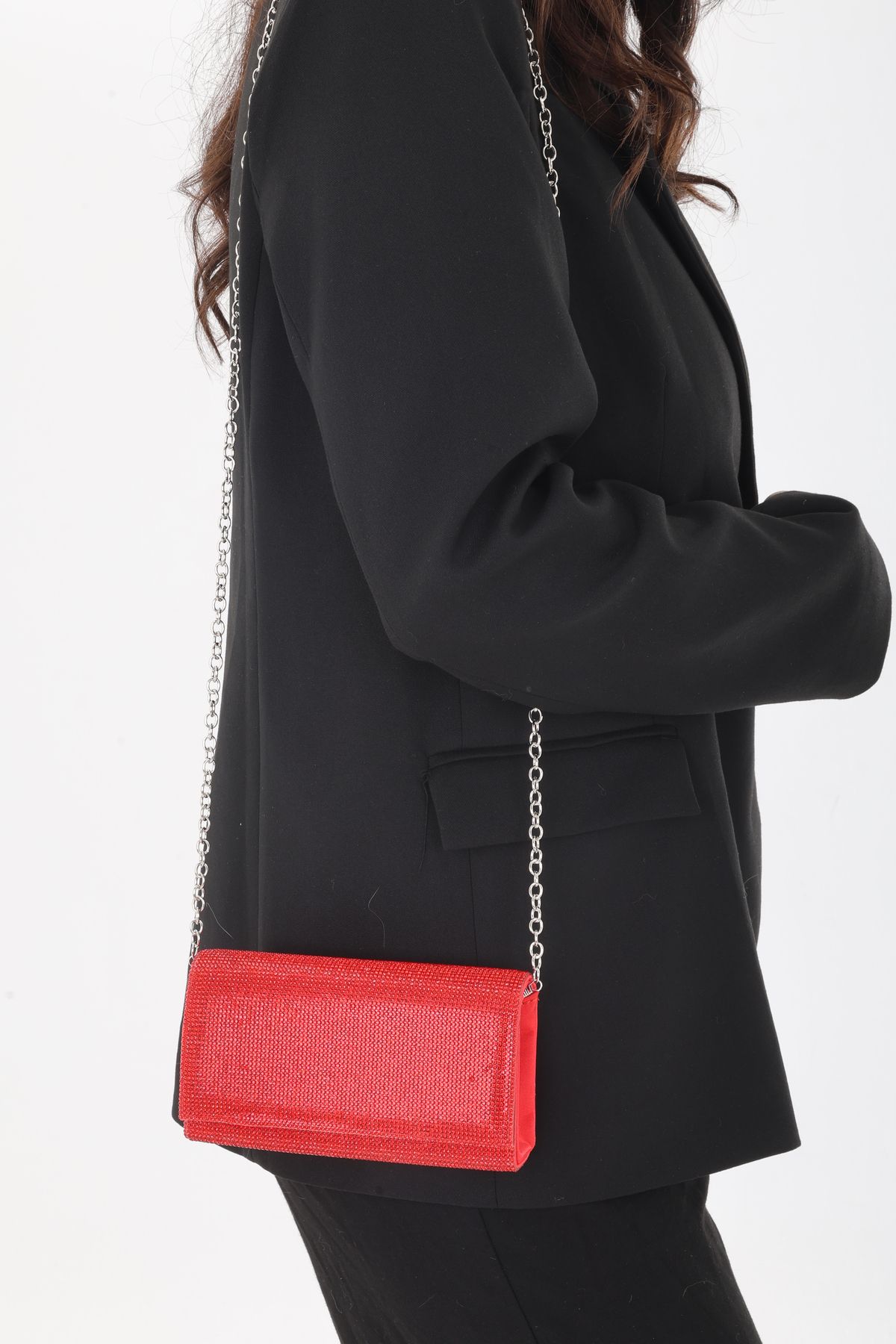 By EDUU Şaşa Model Sık Kaliteli Clutch El ve Omuz Askılı Kırmızı Abiye Çanta