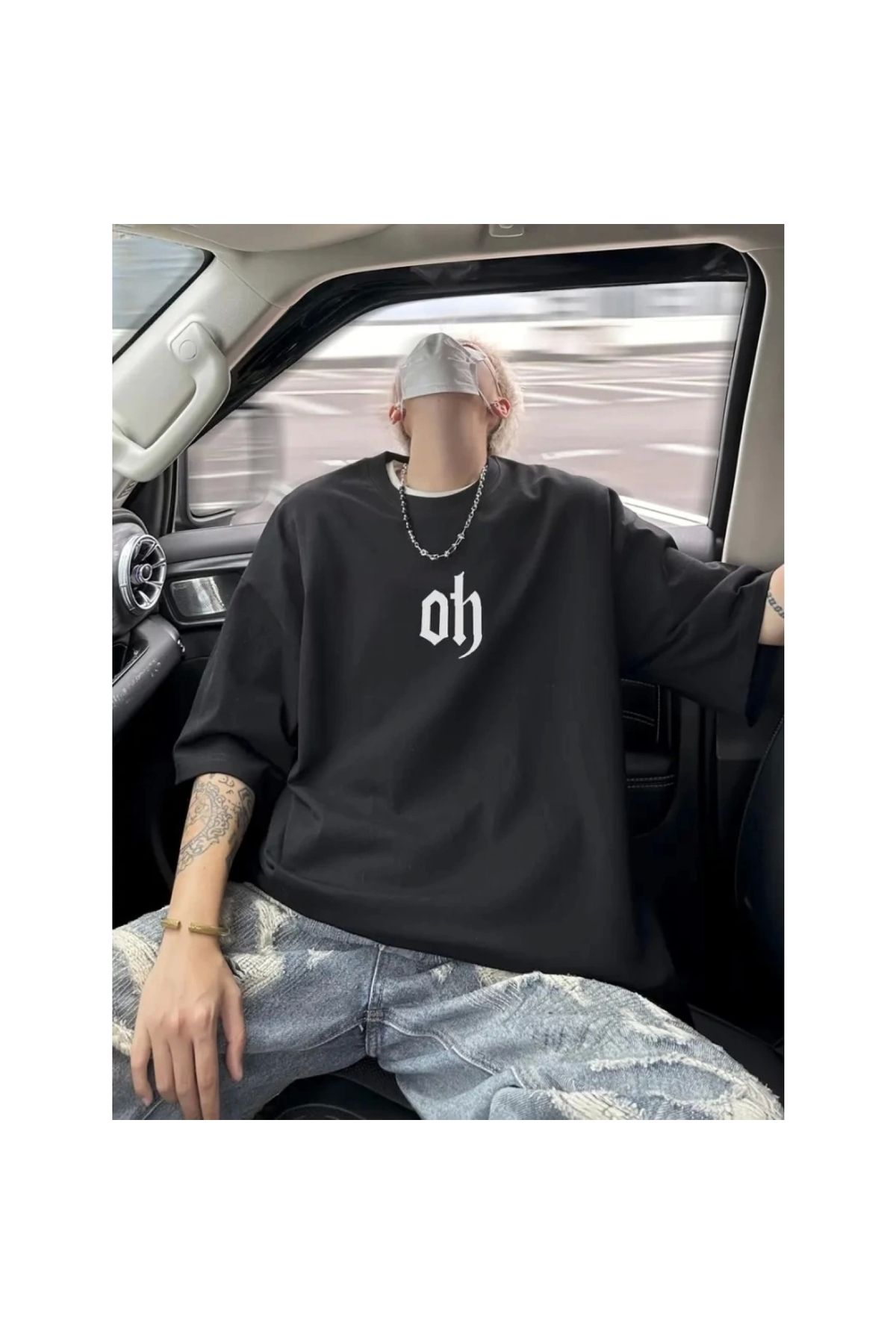 Marsilyan - Baskılı Oversize Bisiklet Yaka Tshirt