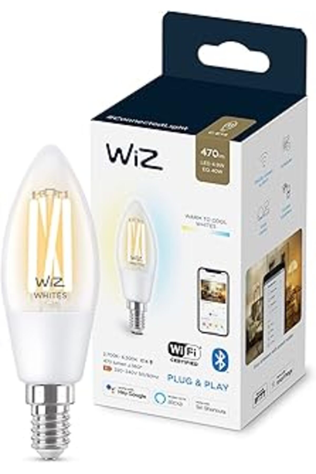 NZM TİCARET Wiz Wi-fi 40w Sarı/beyaz Şeffaf Cam Mum Tipi Akıllı Ampul C35 E14