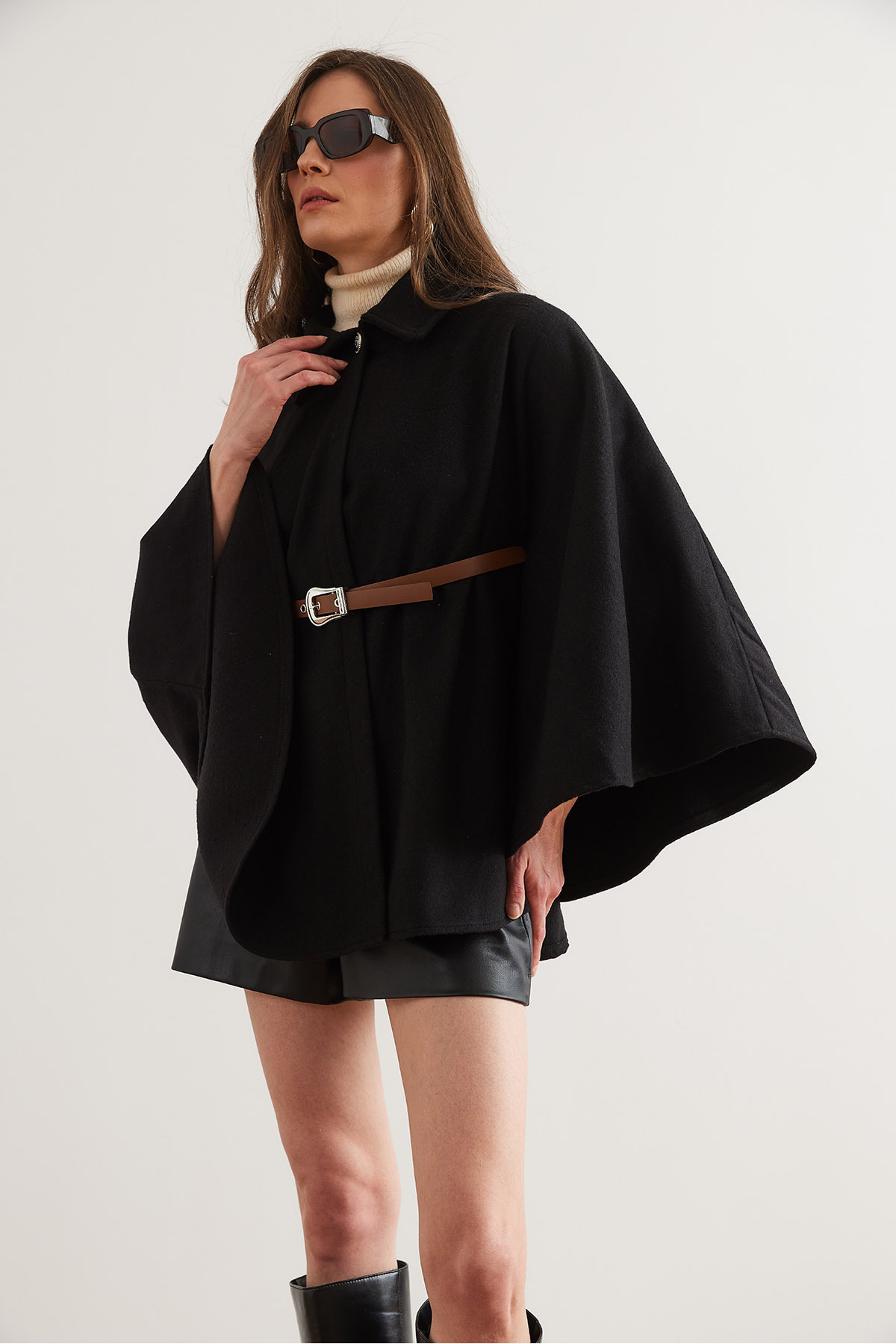 Olalook-Schwarzer Damen-Poncho-Cardigan aus Kaschmir mit Gürtel HRK- 19000339 5