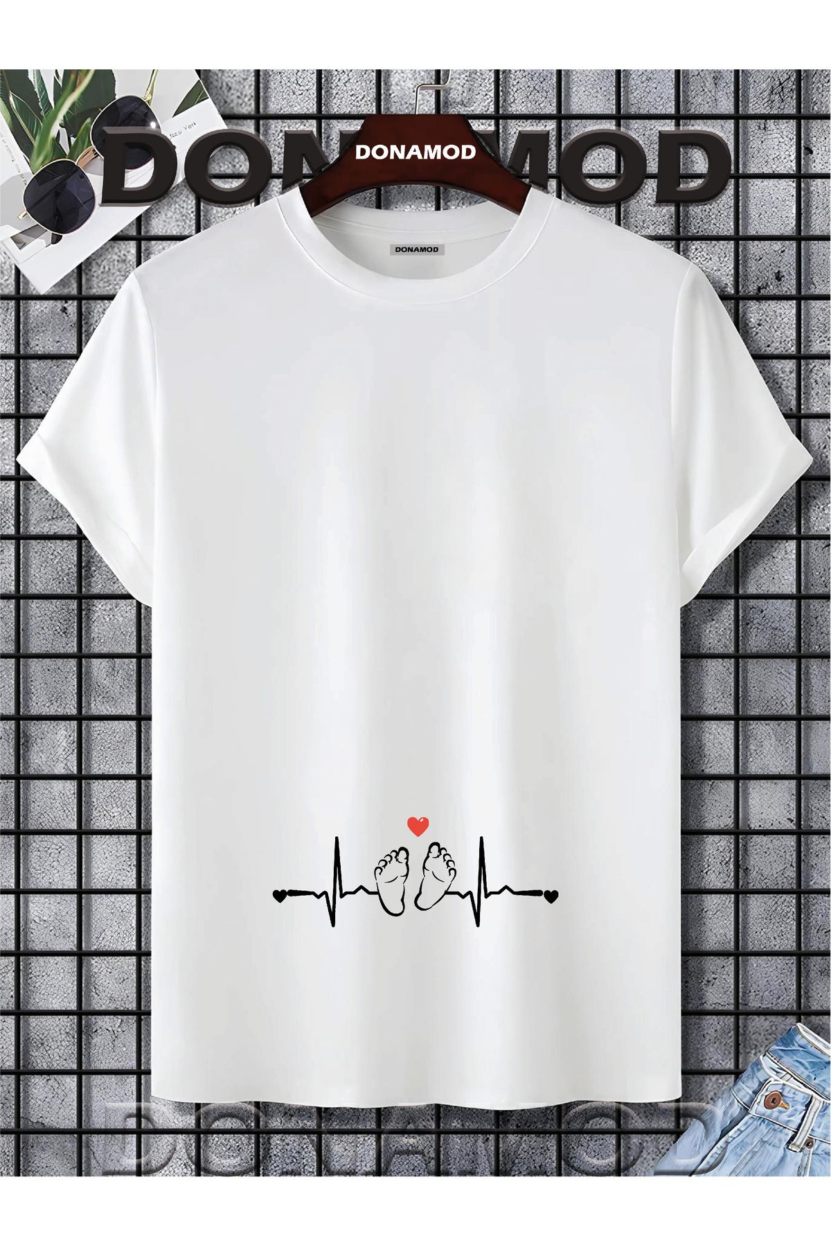 donamod Siyah Beyaz Unisex Kısa Kollu Oversize Geniş Kalıp Hamile Bebek Anne Hediye Tasarımlı Tişört T shirt