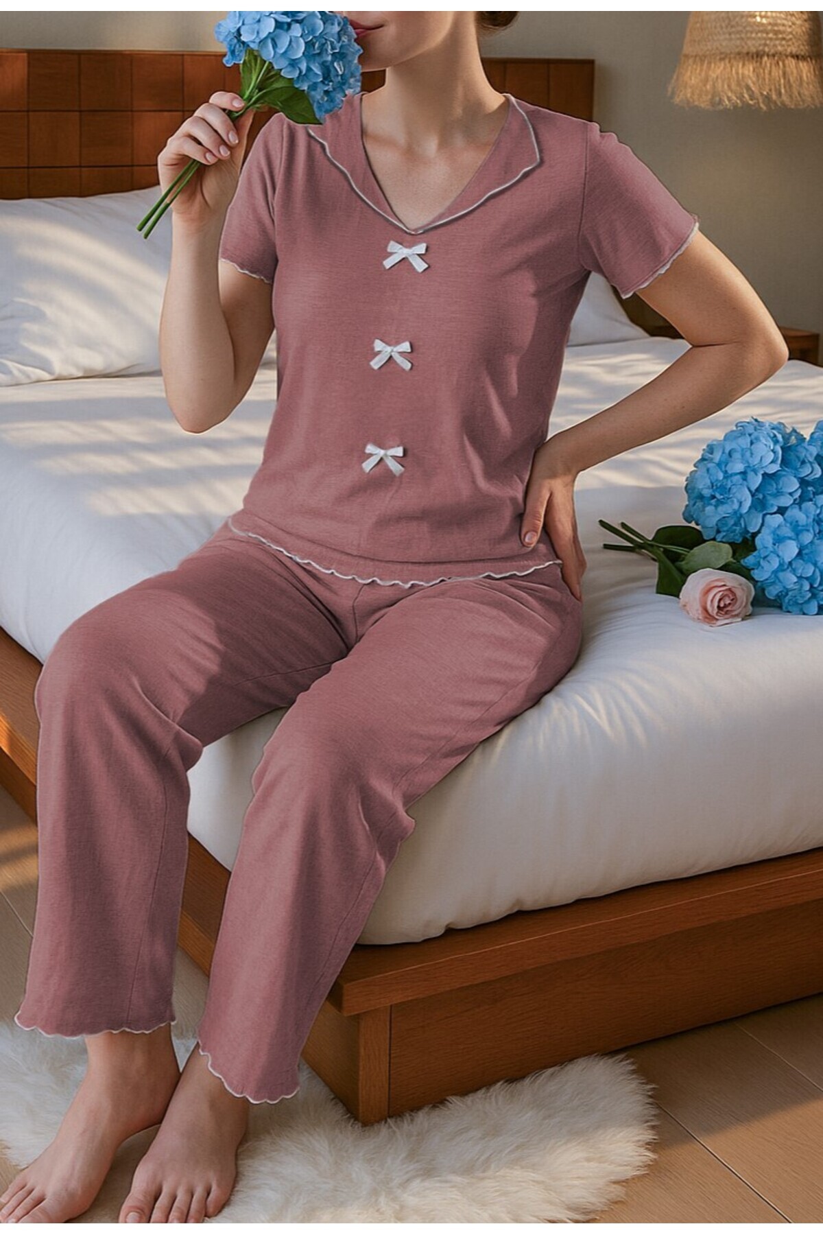 BELLA NOTTE Pamut Dusty Rose Bow részletes szezonális pizsama szett