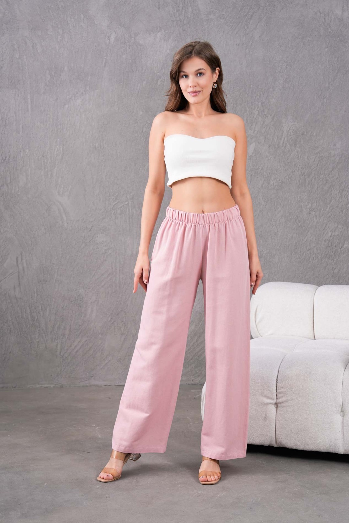 MVStore-Women's Elastic Waist Wide Leg Comfortable Fit Linen Trousers 5
