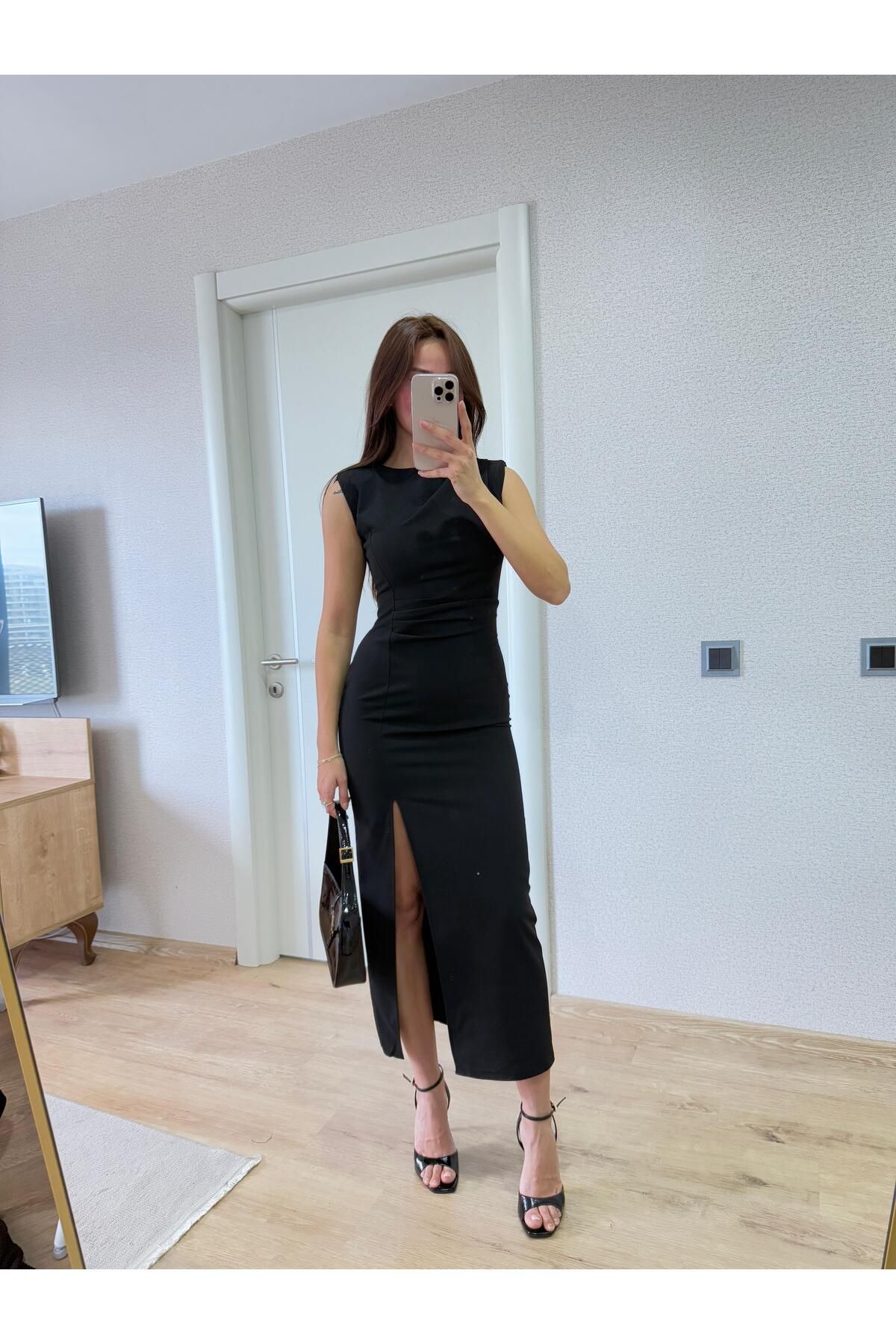 FMN Butik tasarım marka muadil bele oturan midi yırtmaçlı vatkalı sıfır kol pinterest model uzun şık elbise