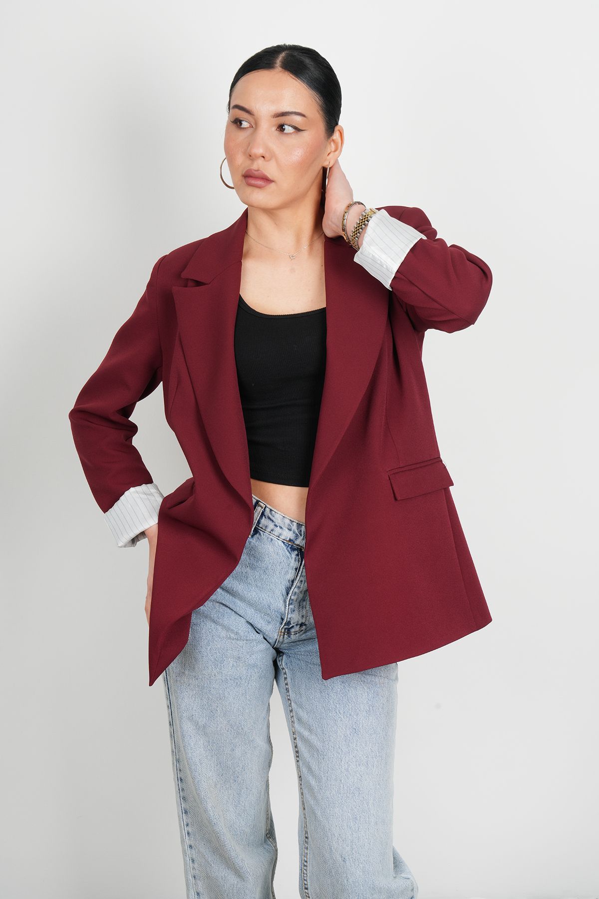 stilsepeti Kadın Bordo Astarı Çizgili Çift Cepli Premium Blazer Ceket DRL-1000540020