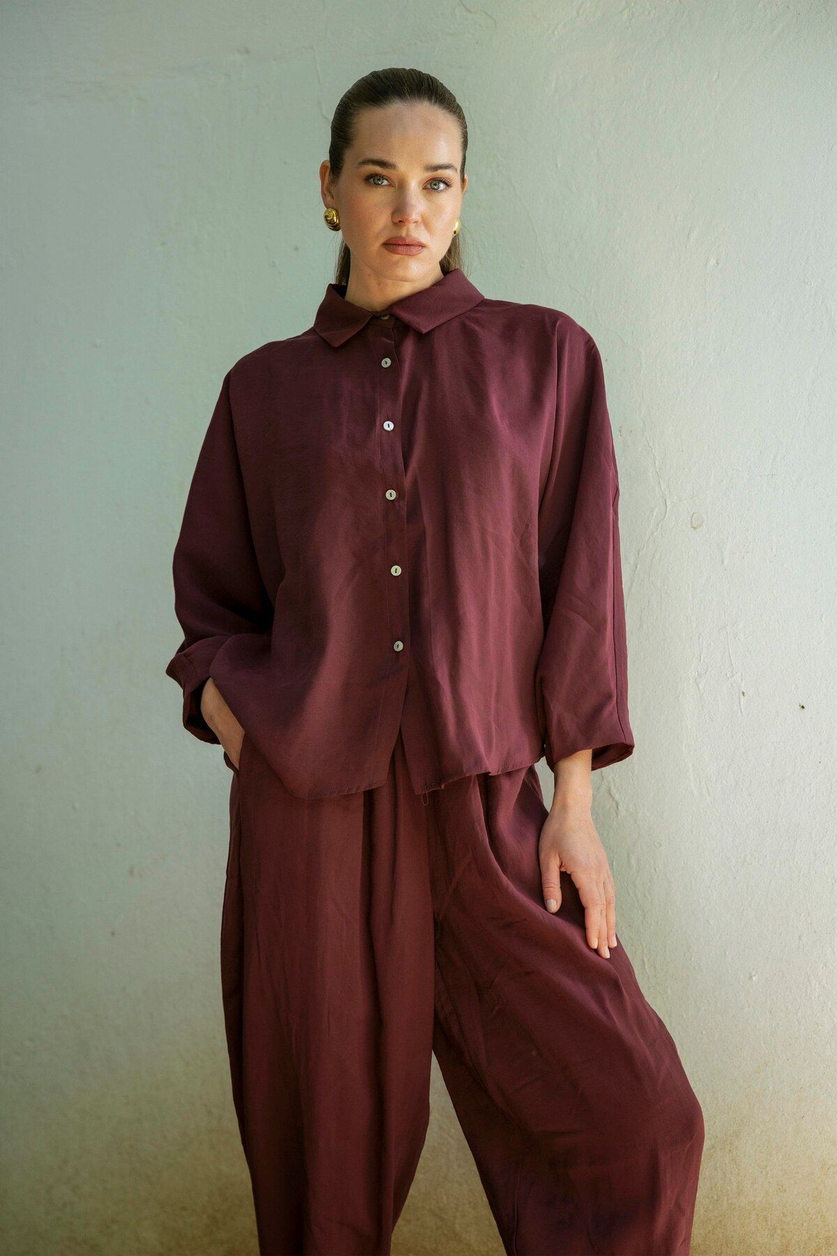 shieba outlet Premium Oversize Düşük Omuz Modal Kumaş Takım