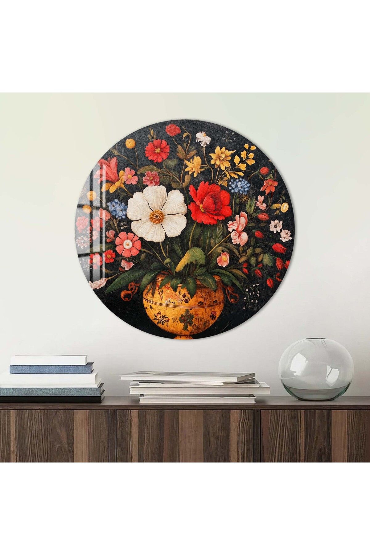 Artmate Yuvarlak Temperli Kırılmaz Çiçek Cam Tablo