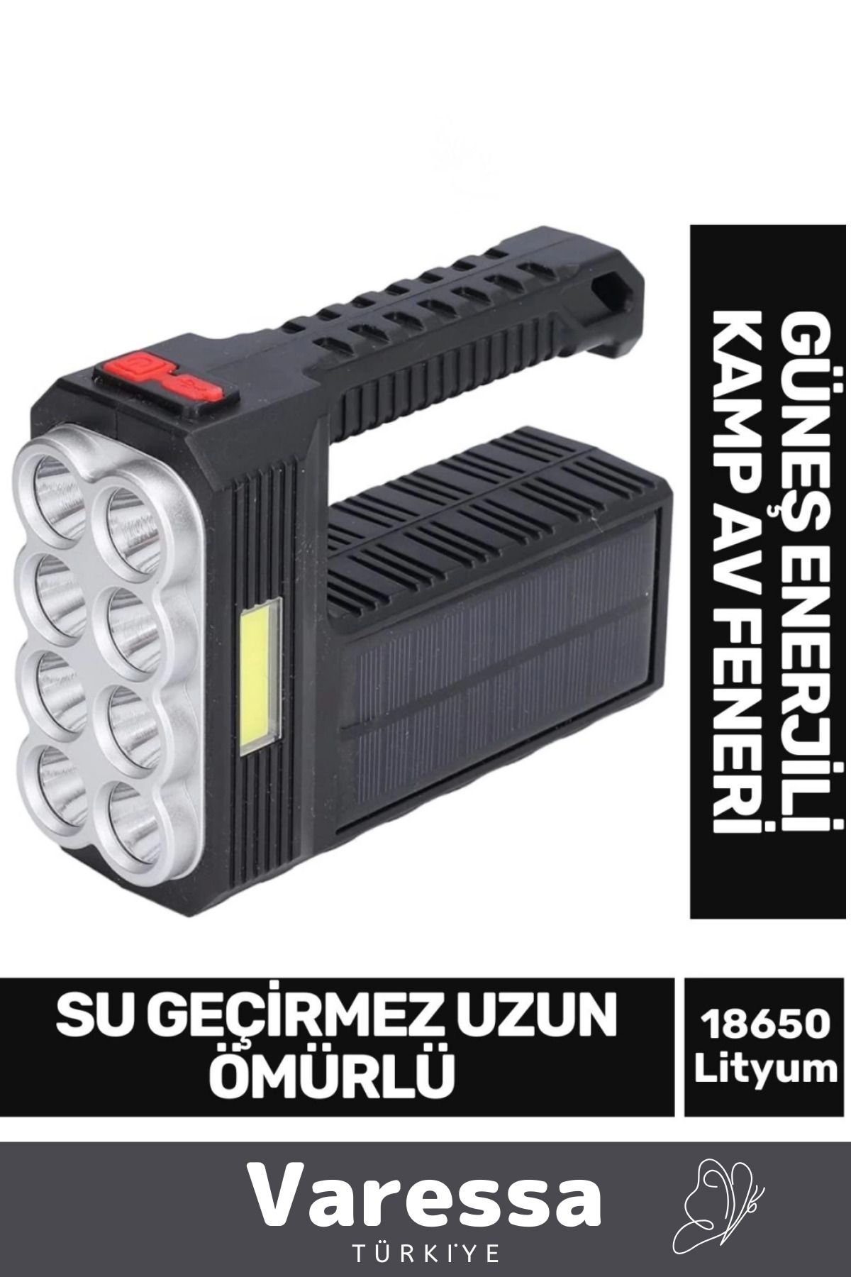 VARESSA Özel Dayanıklı Abs Plastik Su Geçirmez Uzun Ömür 18650 Lityum Pilli Güneş Enerji Kamp Balık Av Fener