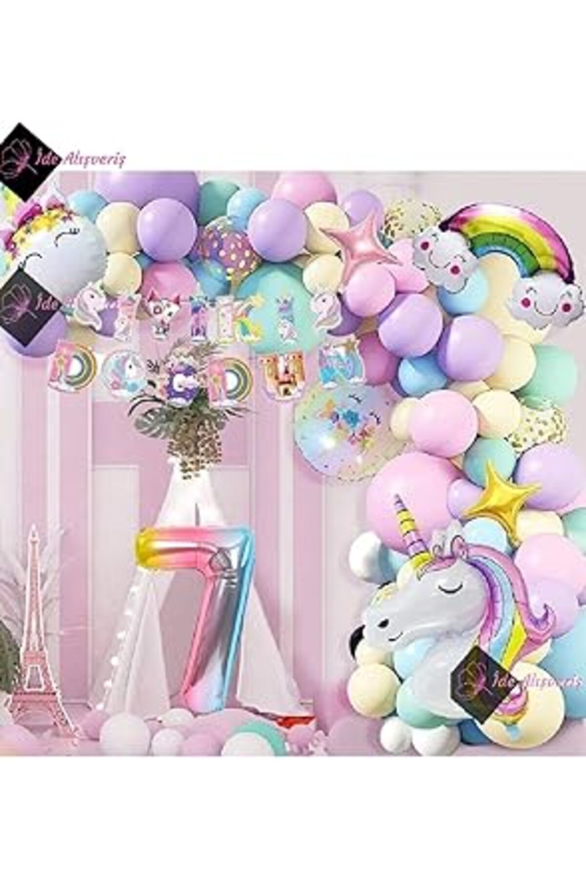 NZM TİCARET Bkmc 7 Yaş Karakterli Unicorn Temalı Iyi Ki Doğdun Makaron Balon Doğum Günü Parti Kutlama Seti Bmcn