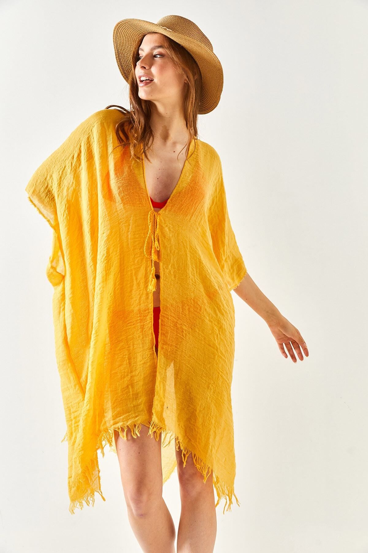 Olalook-Damskie musztardowe wiązanie Pareo Kimono z rozcięciem KMN-00000063 8