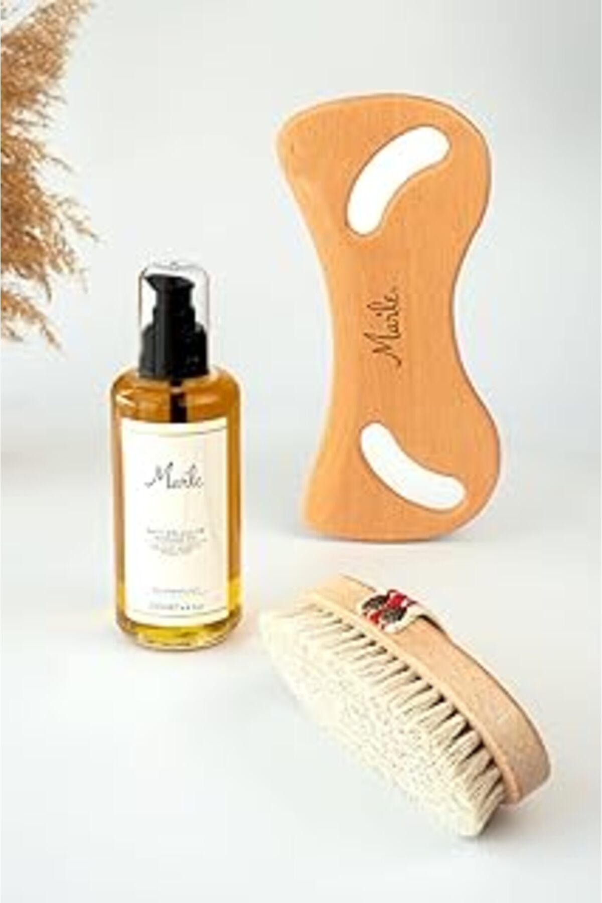 karadağsb Mar'Le%100 Doğal At Kılı Fırçası + Selülit Karşıtı Masaj Yağı 200 Ml + Ahşap Masaj
