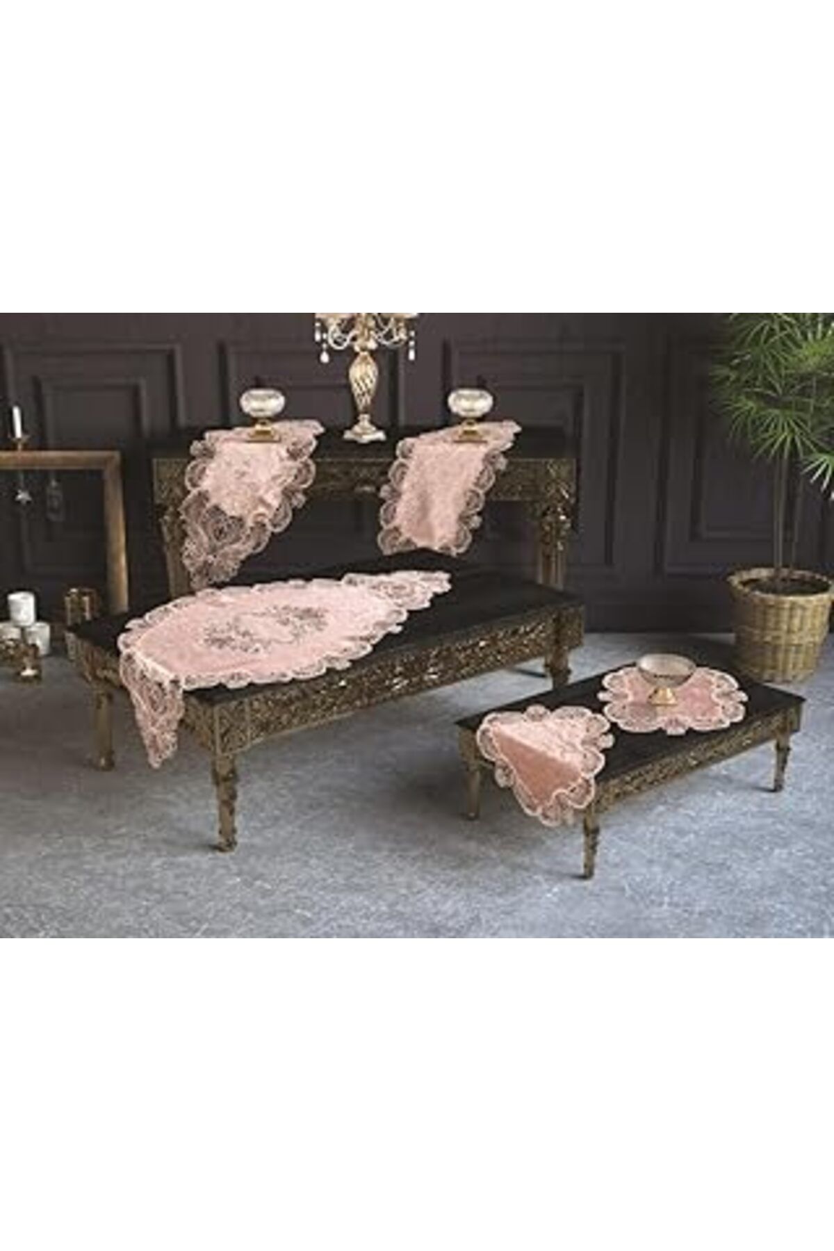 karadağsb Çeyiz Diyarı Fransız Güpürlü Yasemin Kadife Salon Takımı 5 Parça Pudra 161757