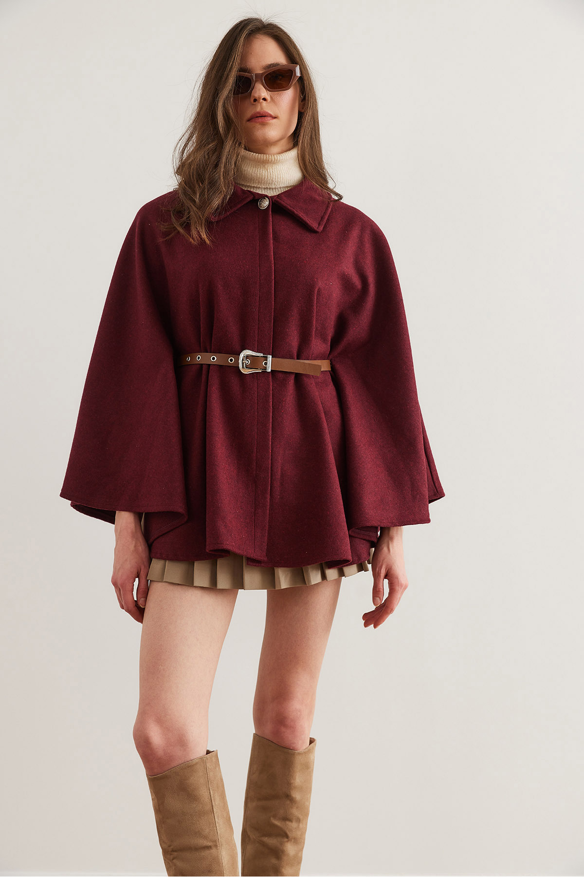 Olalook-Burgunderfarbene Damen-Poncho-Strickjacke mit Gürtel HRK- 19000339 3