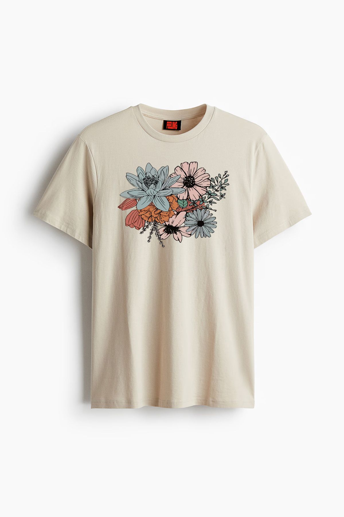 MARKATEM Unisex Yumuşak Dokulu Kadın Erkek Slim Fit Bisiklet Yaka Pamuklu Çiçek Baskılı Basic T-shirt