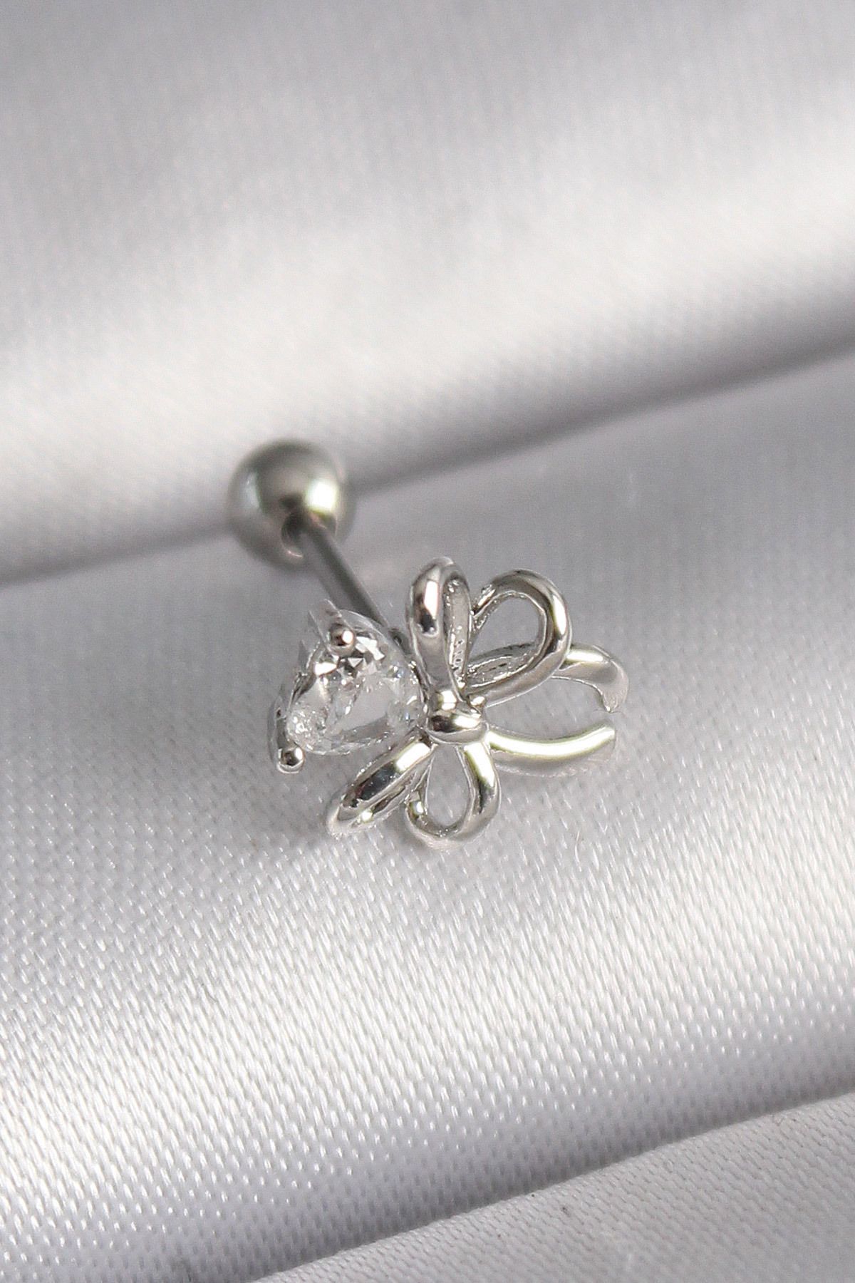 MAYAS 316L Çelik Gümüş Renk Zirkon Taş Detay Kurdele Model Tragus Piercing