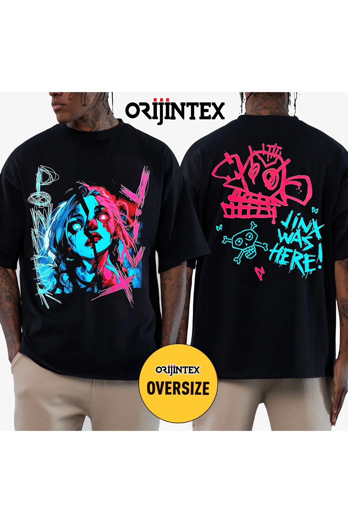 orijintex League of Legends Arcane Jinx Ön Arka Baskılı Unisex Oversize Siyah Tshirt