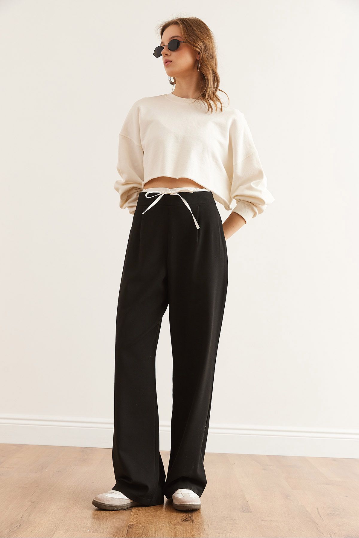 Olalook-Women's Black Boxer Detailed Drawstring Palazzo Pants Pnt- 19000315 4