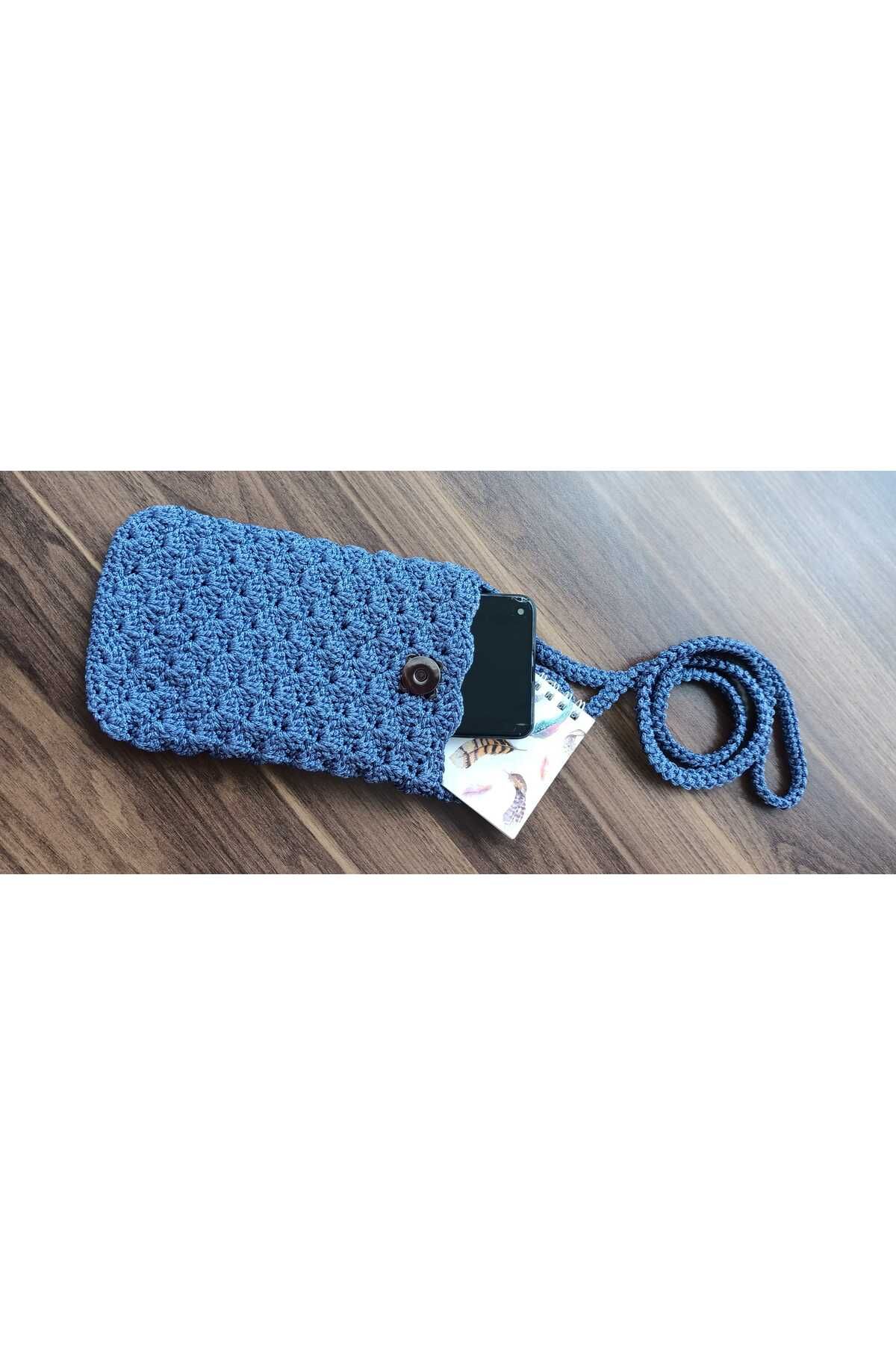BLUE ROSE BİJUTERİ ÖRME TELEFON ÇANTASI MAVİ