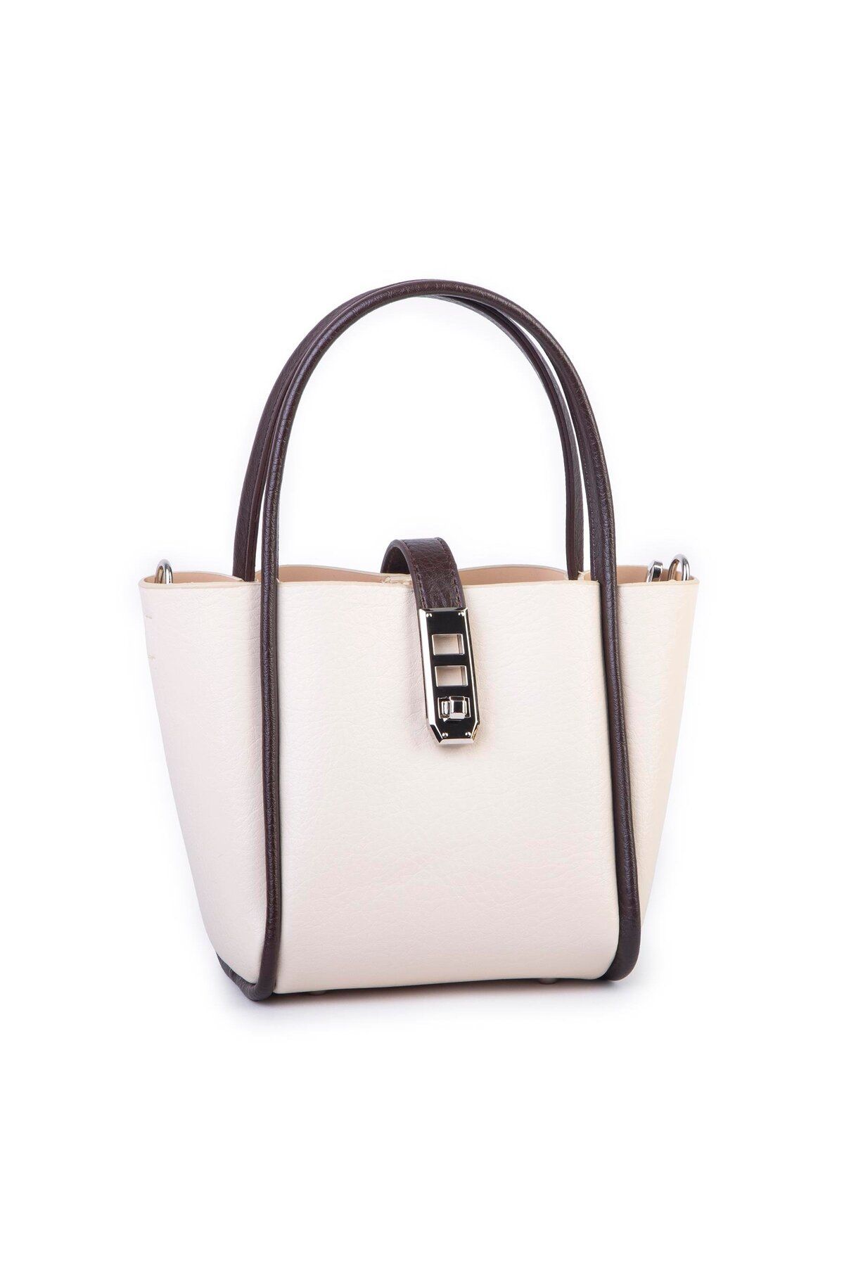 Nas Bag Orta Boy Kadın El ve Omuz Çapraz Çanta 18x20 cm Krem Kahve Victoria