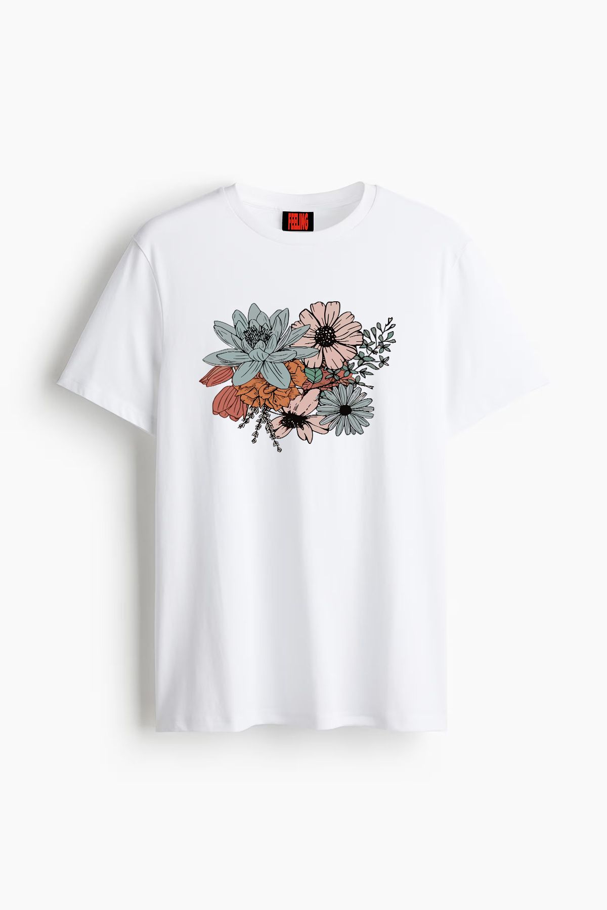 MARKATEM Unisex Yumuşak Dokulu Kadın Erkek Slim Fit Bisiklet Yaka Pamuklu Çiçek Baskılı Basic T-shirt