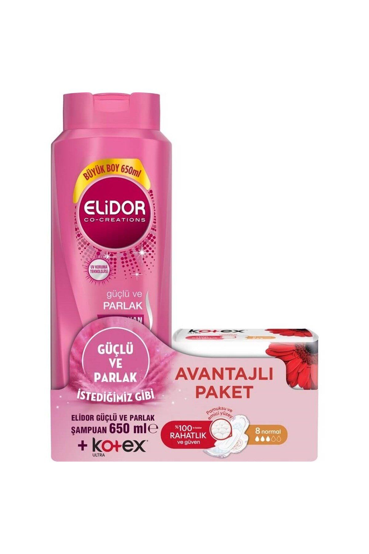 Elidor Güçlü ve Parlak Saç Bakım Şampuanı 650ml + Kotex Ultra Normal 8'li 2'li Set