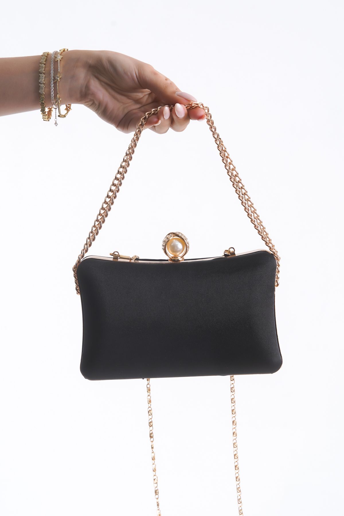 GUİZA-Evening Dress Bag Pearl Headpiece Crystal Rhinestone Evening Dress Bag with Chain and Armlets Satin 4