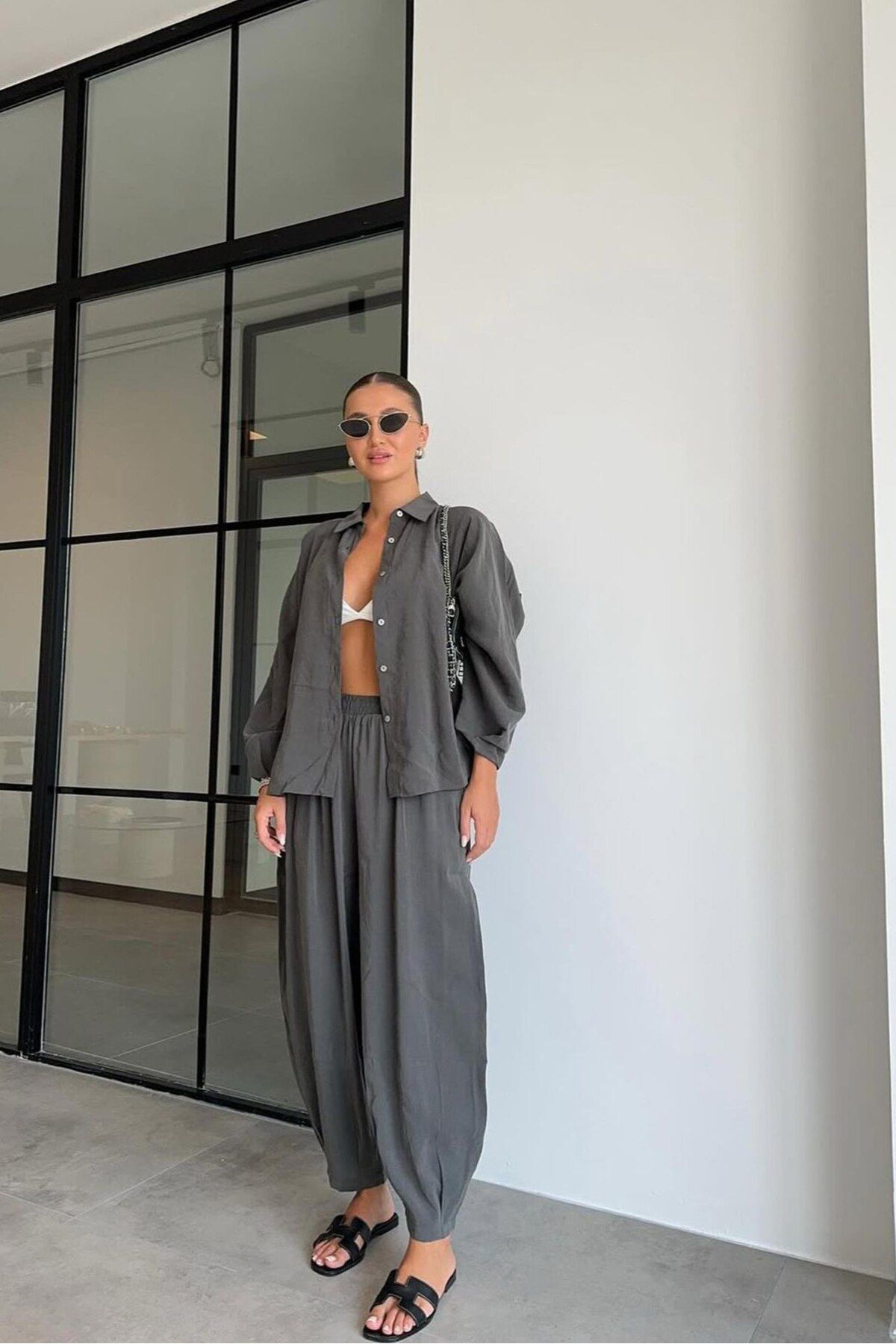 shieba outlet Premium Oversize Düşük Omuz Modal Kumaş Takım