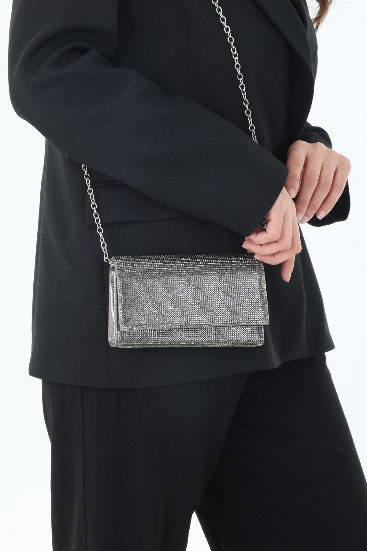 By EDUU Şaşa Model Sık Kaliteli Clutch El ve Omuz Askılı Gri Abiye Çanta