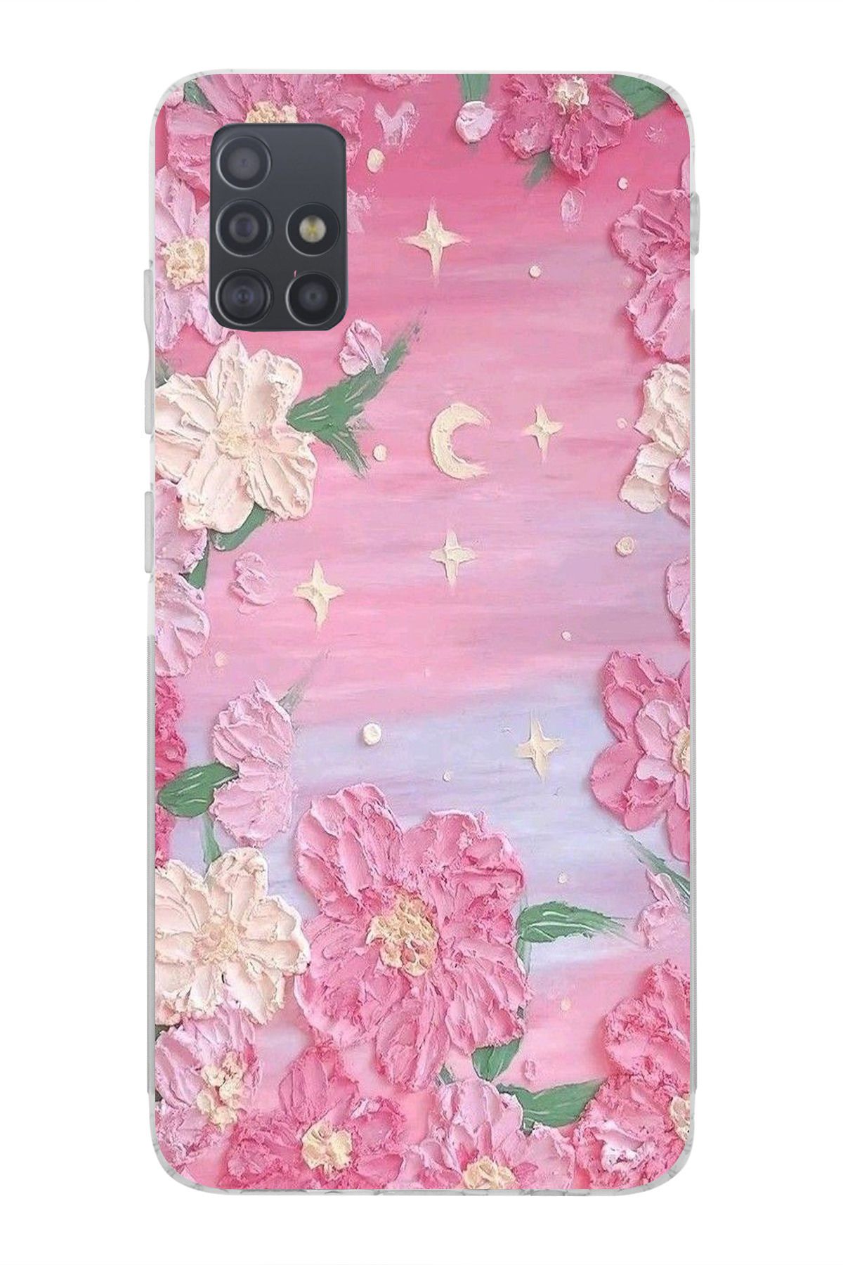 moonset Samsung Galaxy A51 Uyumlu Pastel Çiçekler Tasarımlı Baskılı Şeffaf Telefon Kılıfı