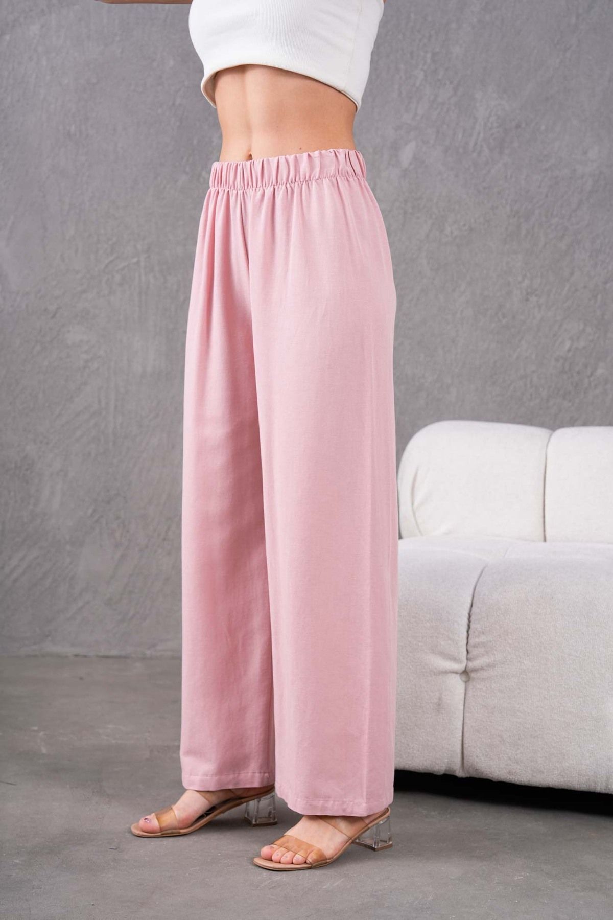 MVStore-Women's Elastic Waist Wide Leg Comfortable Fit Linen Trousers 2