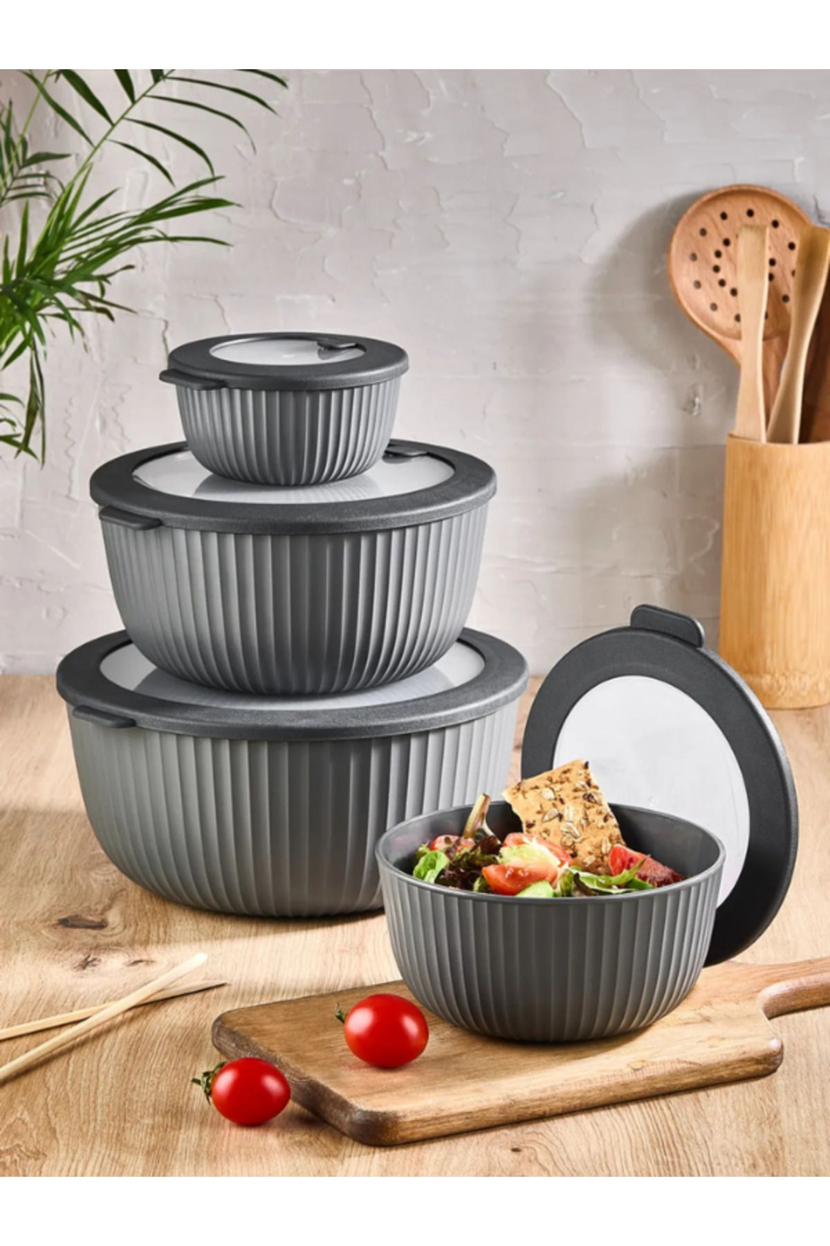 GLOWART Ceramıc & Porcelaın & Kitchenware Elegance Serisi İç İçe Giren Sızdırmaz Kapaklı 4'lü Saklama Kabı Seti Mikrodalga & Buzdolabı Uyumlu