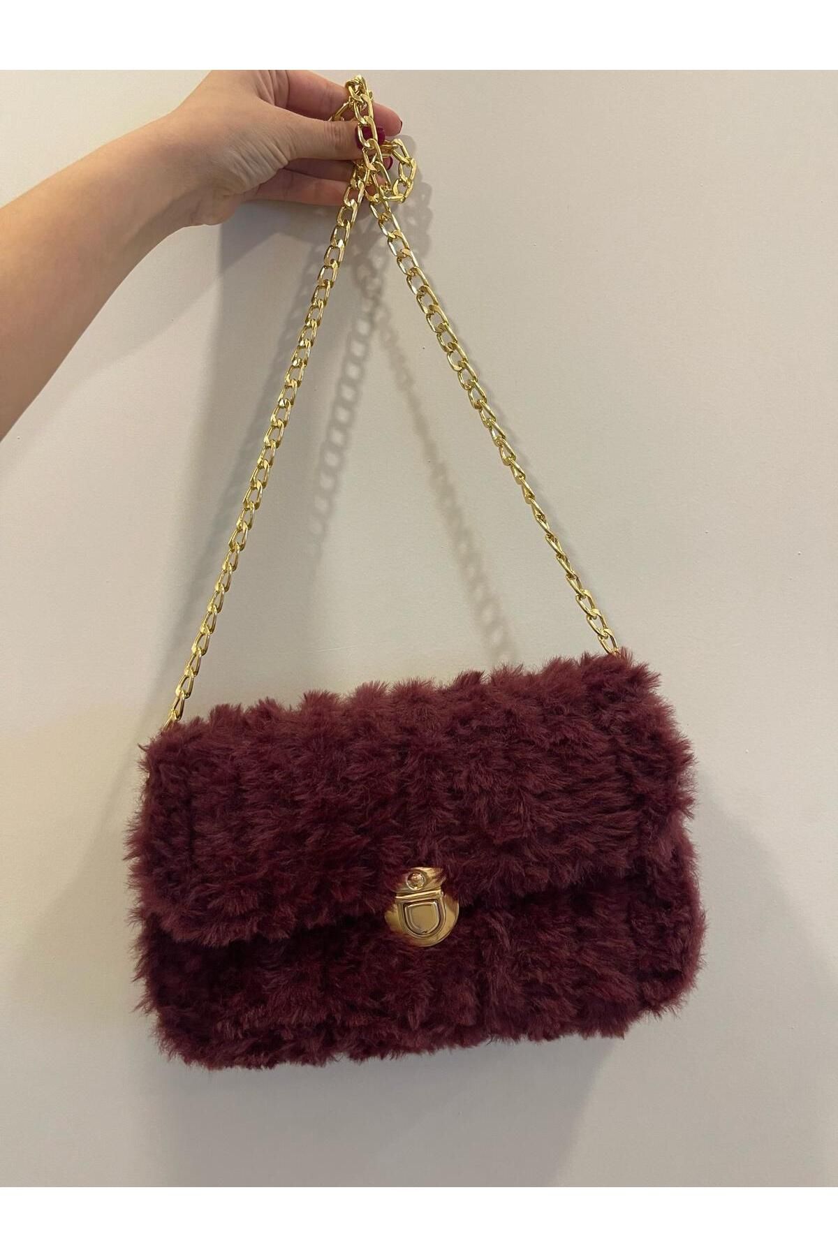 Matmazel Bags Kanvas Üstüne Kürklü İp İşlemeli Çanta Bordo