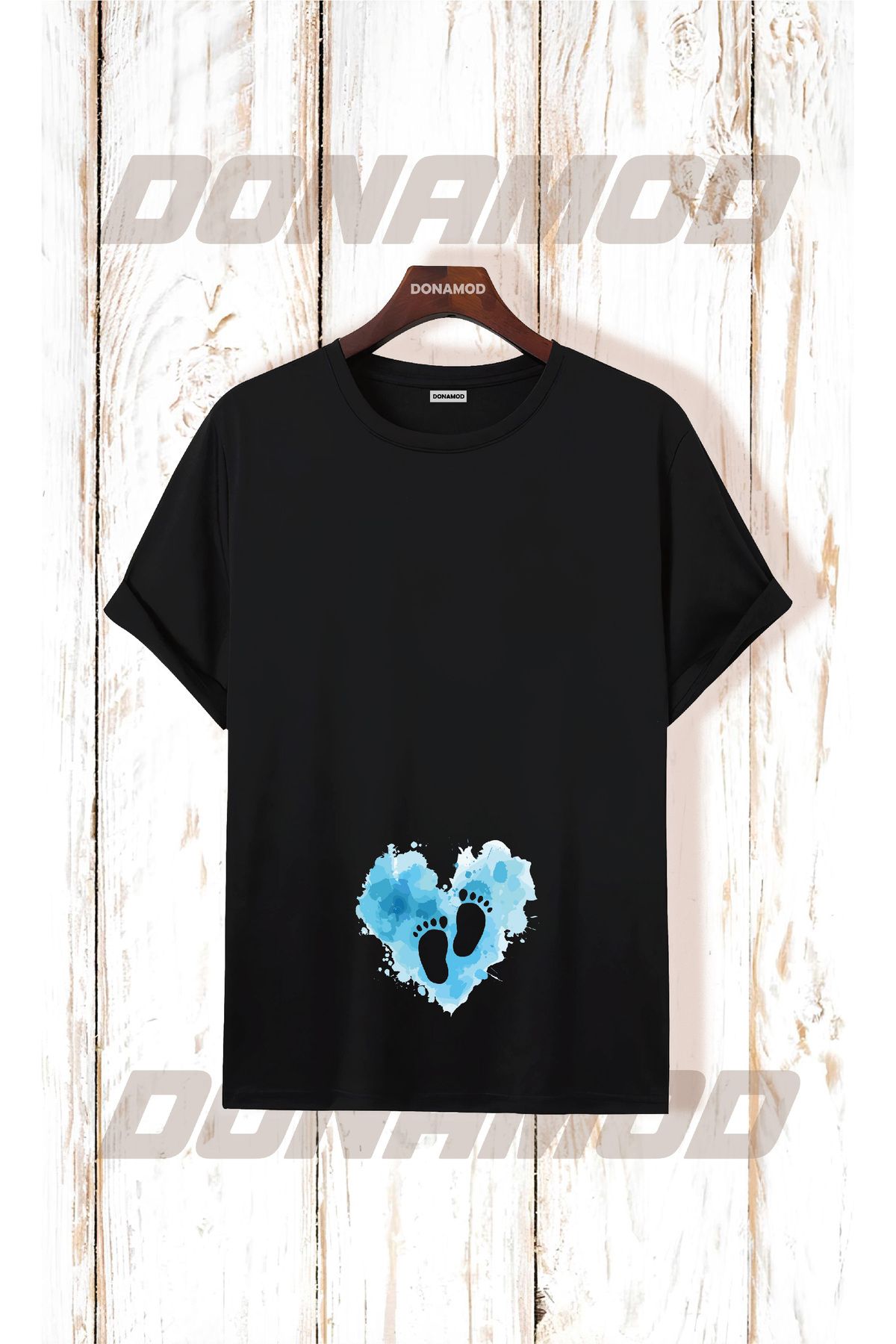 donamod Siyah Beyaz Unisex Kısa Kollu Oversize Geniş Kalıp Hamile Bebek Anne Hediye Tasarımlı Tişört T shirt