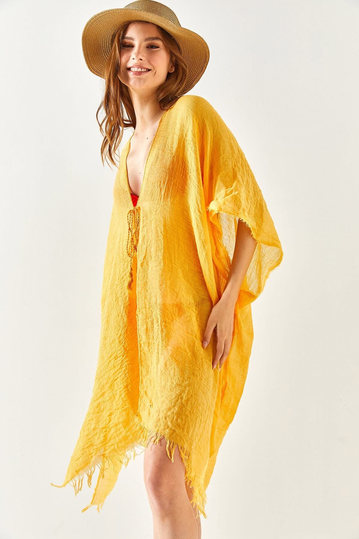 Olalook-Damskie musztardowe wiązanie Pareo Kimono z rozcięciem KMN-00000063 6