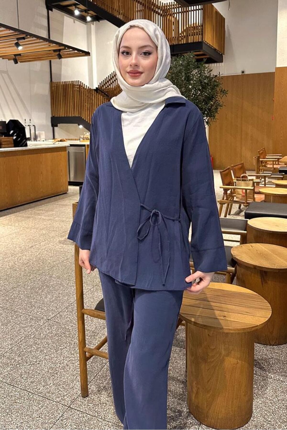REWANO Kadın İndigo Renk Kimono pantolon takım