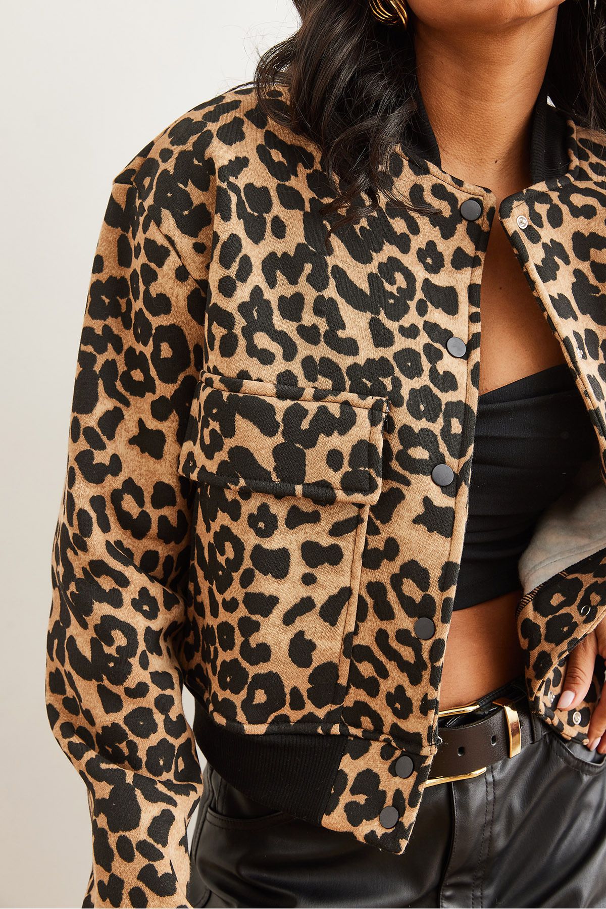 Olalook-Leopard Print Camel Crop Jacket - Pockets and Fleece, Snap Closure Ckt- 19000365 8