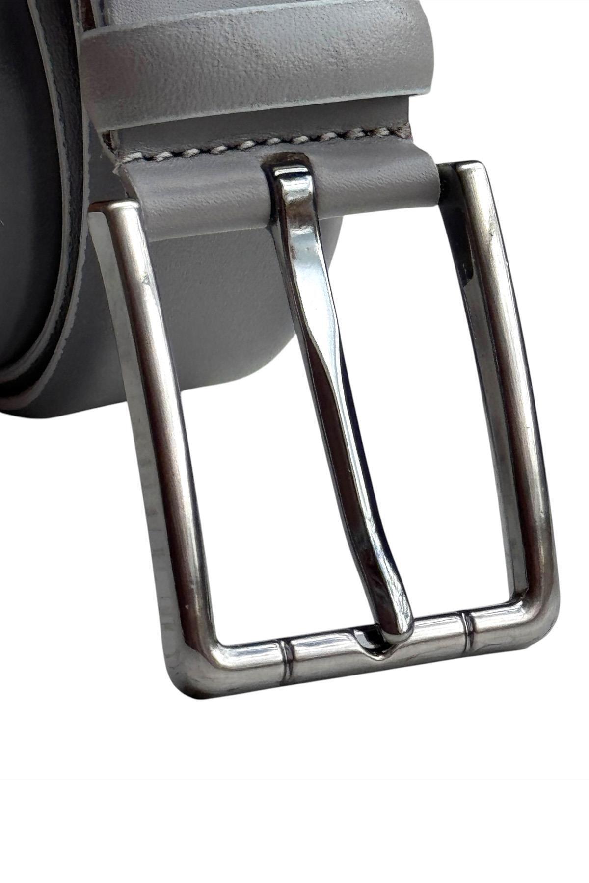 S.S SÜZER DERİ-Gray Genuine Leather Solid Color Model 3.5 Cm. Classic Belt with Buckle - 215-Solid 5