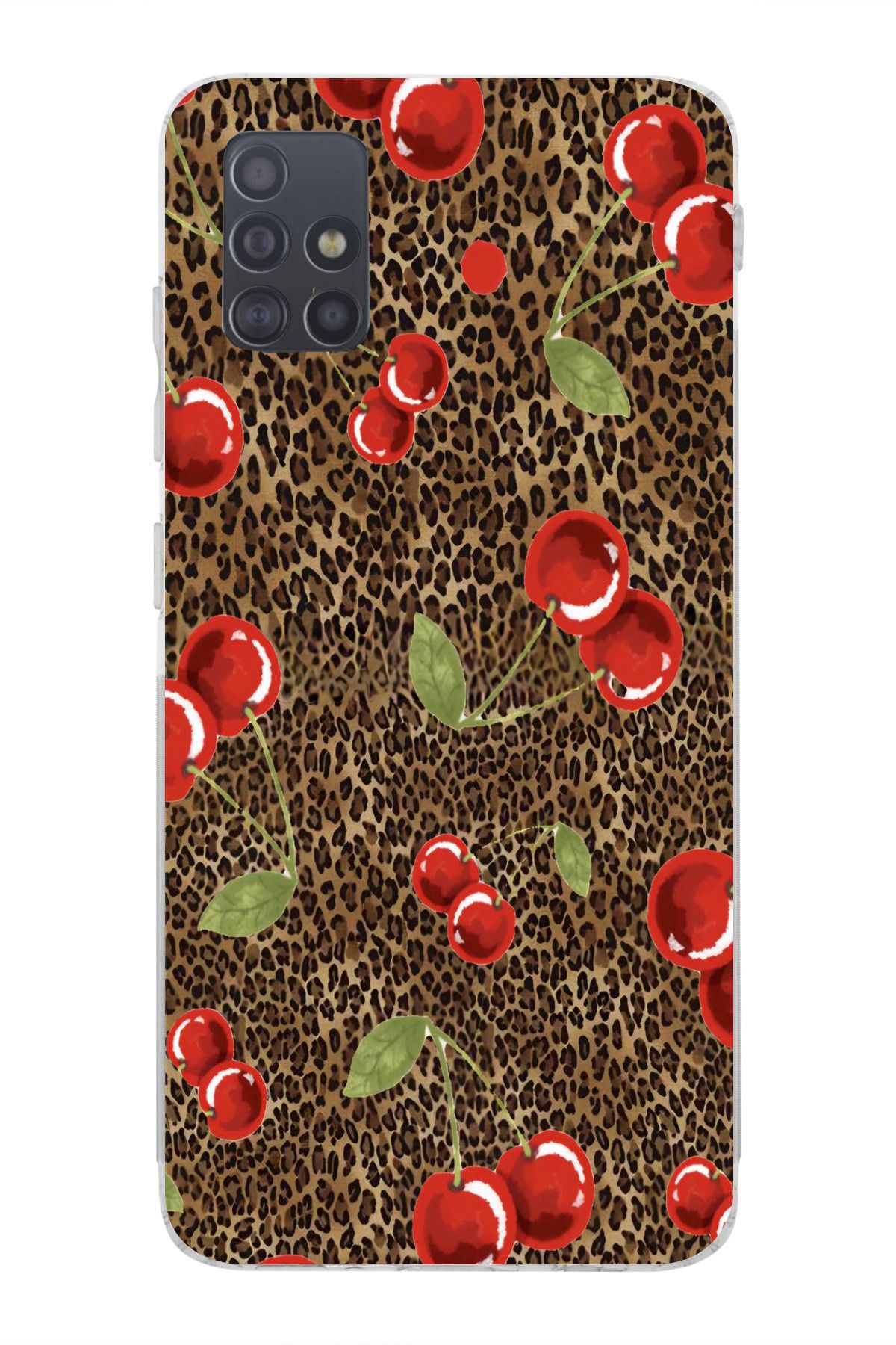 moonset Samsung Galaxy A51 Uyumlu Leopar ve Kiraz Tasarımlı Baskılı Şeffaf Telefon Kılıfı