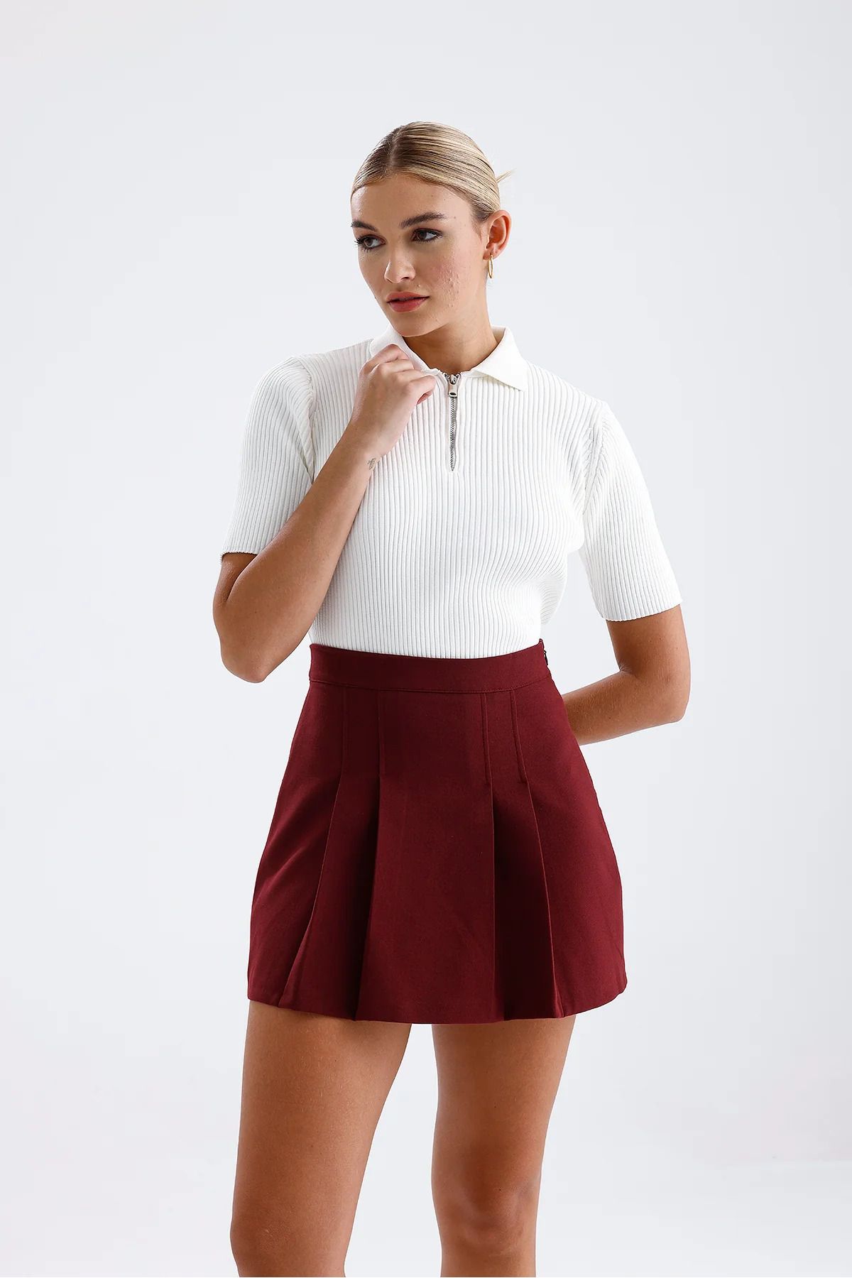 monepure Pile Detaylı Bordo Etek