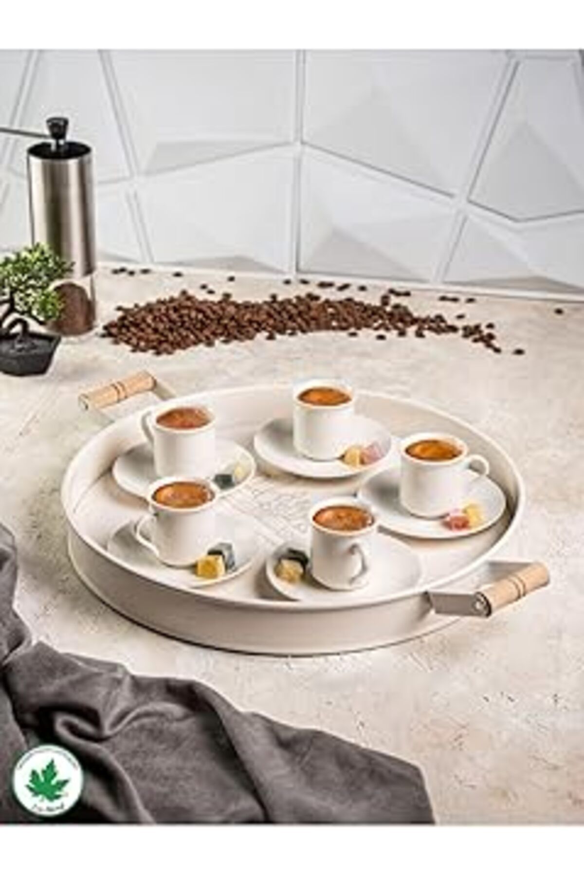 karadağsb Lin Metal 37Cm Ahşap Kulplu Krem Metal Tepsi Yuvarlak Çay Tepsisi Sunum Tepsisi Tahta Kulplu (Kaktü